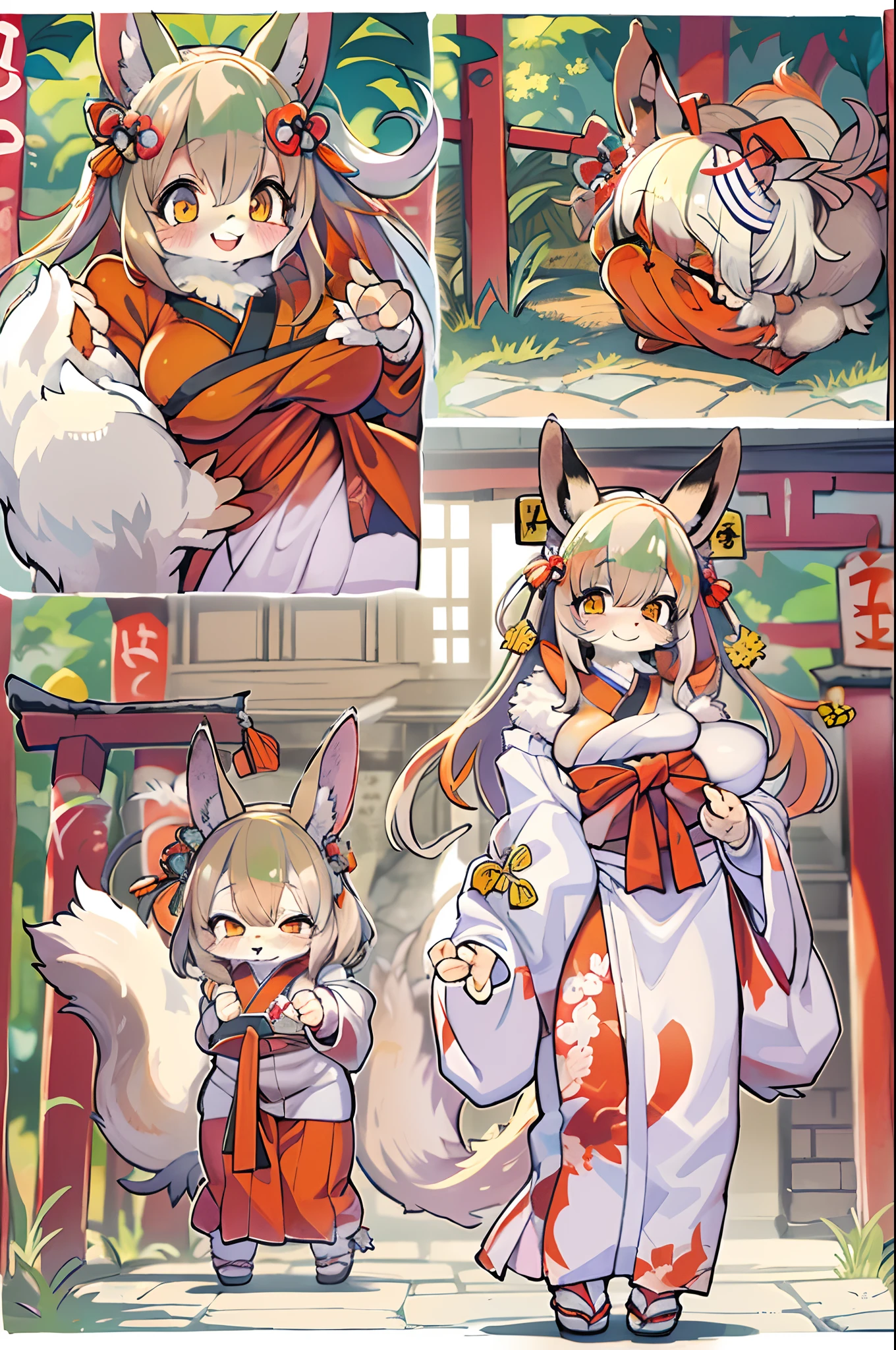 Fox Woman、body covered with fur、huge-breasted、kawaii、shrine maiden、Japan white clothes,Red Hakama、torii gate,summer day、((High Position))、A big smile、bbw、thick thight、big butts、Ultramammy,Chibi,Nanachi