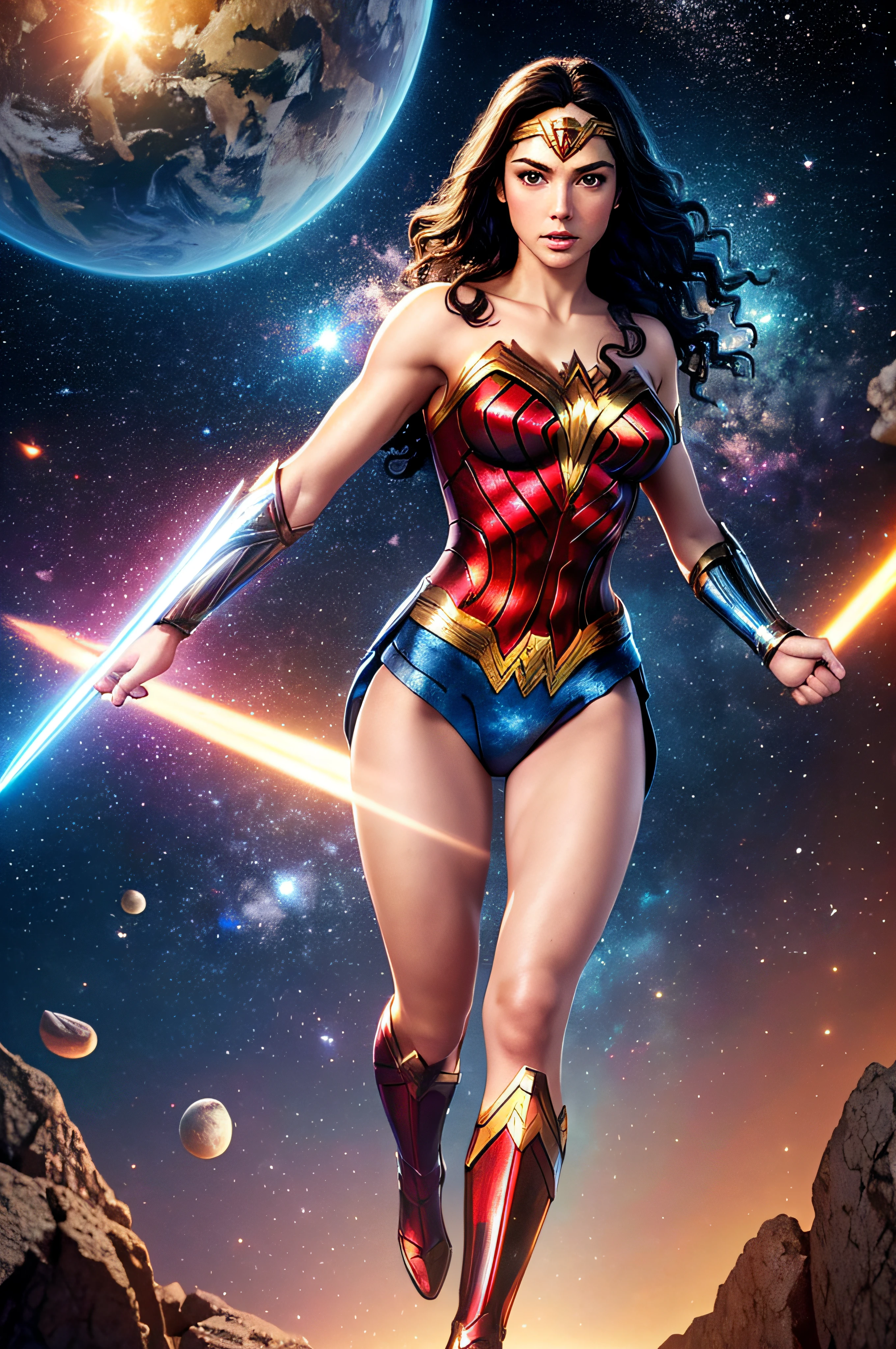 full body image, 32k Ultra-HD, hyper realistic, photorealistic, realistic, life-like, real life, professional quality, highly detailed, focused, clear, artistic, extremely detailed, beautiful, cinematic, vibrant, colorful, Wonder Woman standing on the world in outer space,