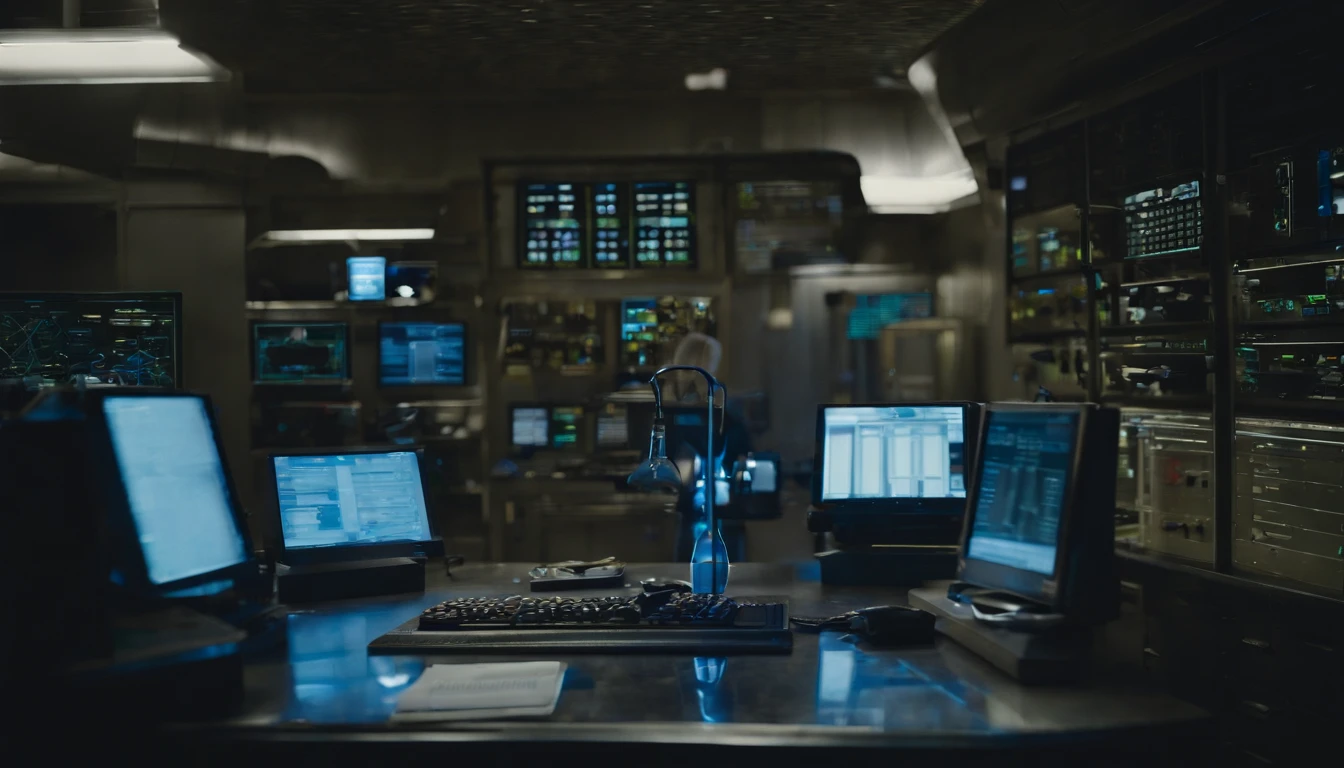 An image of a modern, high-tech laboratory with blue-tinted lighting reflecting off computer screens. In the laboratory, Dr. Octavius is standing in front of a complex control panel, operating buttons and experimental equipment. On the worktable, there are various scientific instruments and chemicals, ultra realistic, (hyperrealism:1.1),(detailed:1.2)