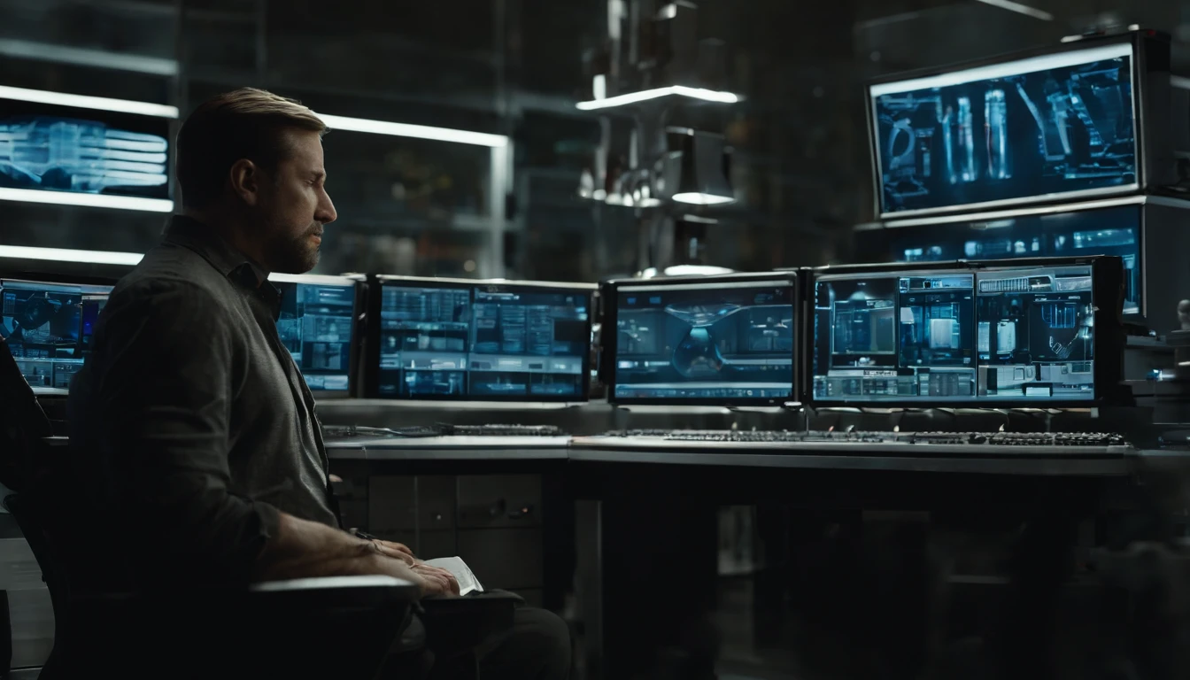 An image of a modern, high-tech laboratory with blue-tinted lighting reflecting off computer screens. In the laboratory, Dr. Octavius is standing in front of a complex control panel, operating buttons and experimental equipment. On the worktable, there are various scientific instruments and chemicals, ultra realistic, (hyperrealism:1.1),(detailed:1.2)