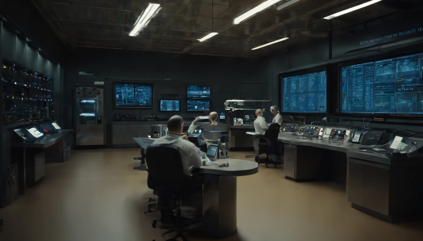 An image of a modern, high-tech laboratory with blue-tinted lighting reflecting off computer screens. In the laboratory, Dr. Octavius is standing in front of a complex control panel, operating buttons and experimental equipment. On the worktable, there are various scientific instruments and chemicals, ultra realistic, (hyperrealism:1.1),(detailed:1.2)