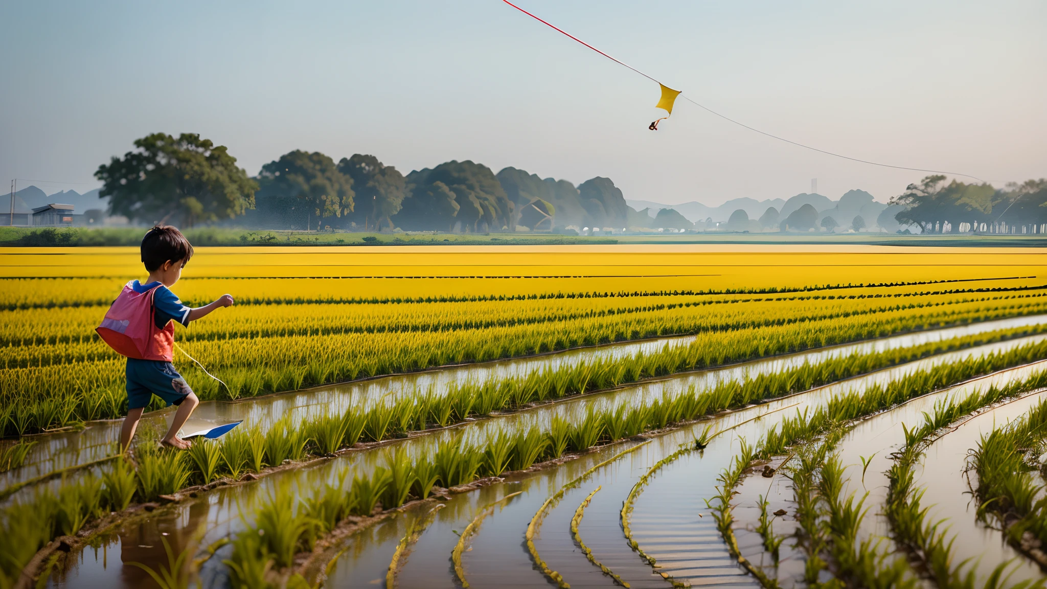 1 golden ripe rice field, Cotton rice, There are small dike roads that run along the rice fields, Close-up of a 5-year-old boy flying a kite, - --auto --s2