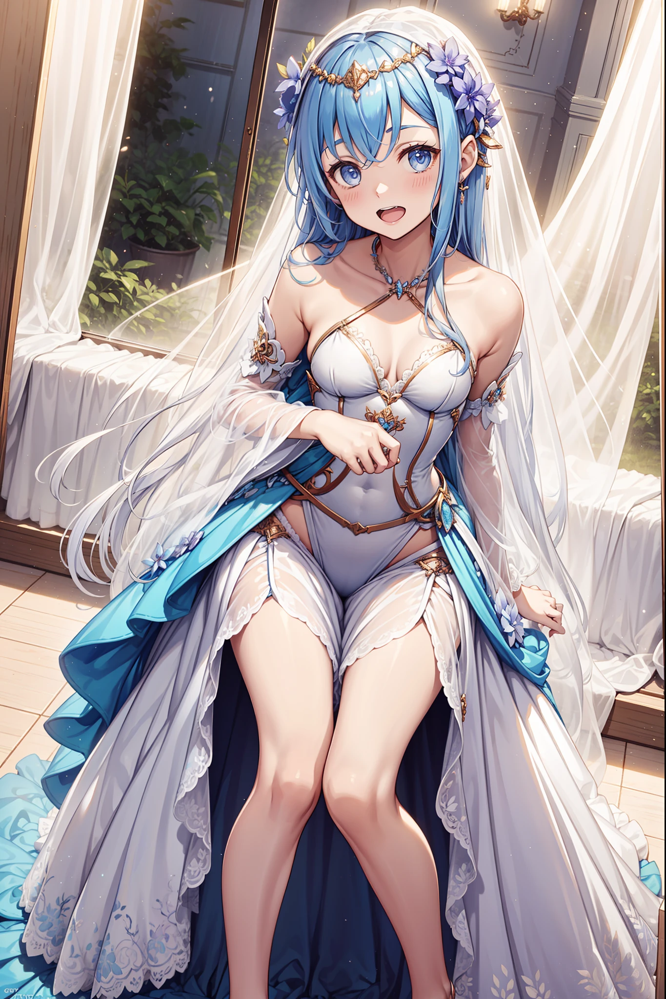 teens girl,Enchanted,having fun,Being in love,Light white wedding dress,Lilac cloth,see-through transparent clothes,exquisite costumes,A small amount of lace,Bedrooms,solo person,blond hairbl,pale blue color eyes,the night,