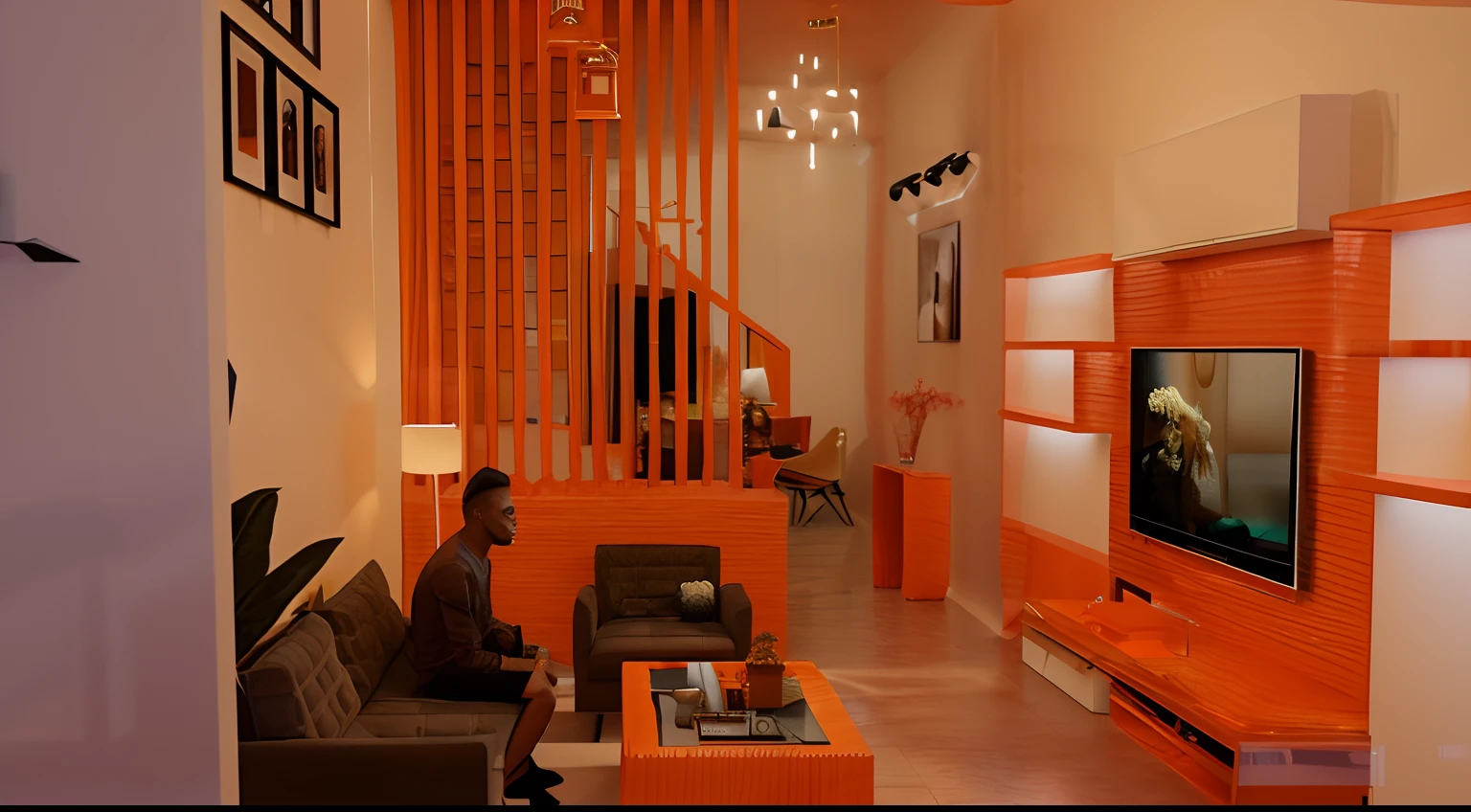 there is a man sitting in a living room watching tv, in style of 3d render, very realistic 3 d render, rendered lighting, 3 d render even lit, well lit 3 d render, stuning 3 d render, warm orange lighting, warm lighting interior, rendered in 3 dsmax, render in vray, 3 d rendering, realistic 3d render