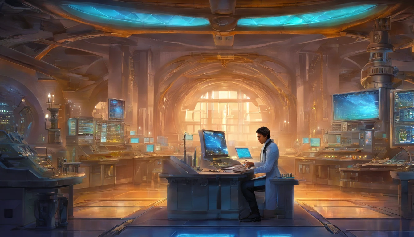 An image of a modern, high-tech laboratory with blue-tinted lighting reflecting off computer screens. In the laboratory, Dr. Octavius is standing in front of a complex control panel, operating buttons and experimental equipment. On the worktable, there are various scientific instruments and chemicals, ultra realistic, (hyperrealism:1.1),(detailed:1.2)