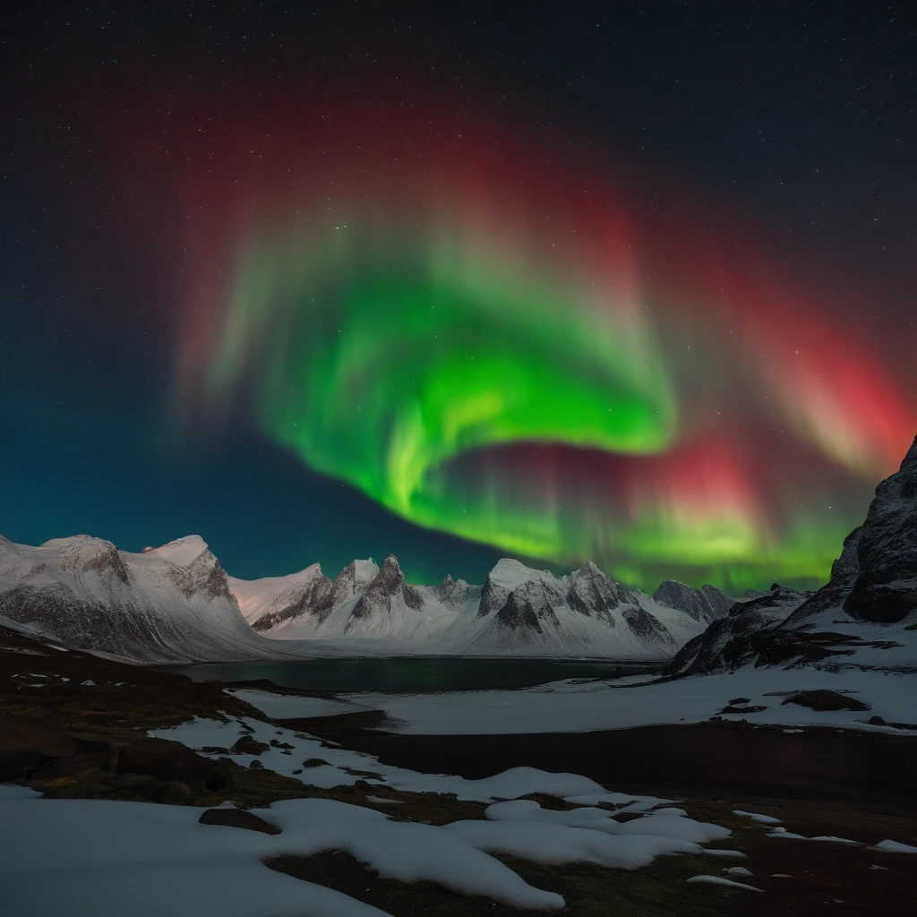 Master Parts、Superior Quality、superior image quality、The 8k quality、Beautiful pictures of the starry sky、magnifica、Arched Milky Way:1.25、north pole:1.5、Pale glaciers:1.9、(Red and green aurora borealis:1.25)