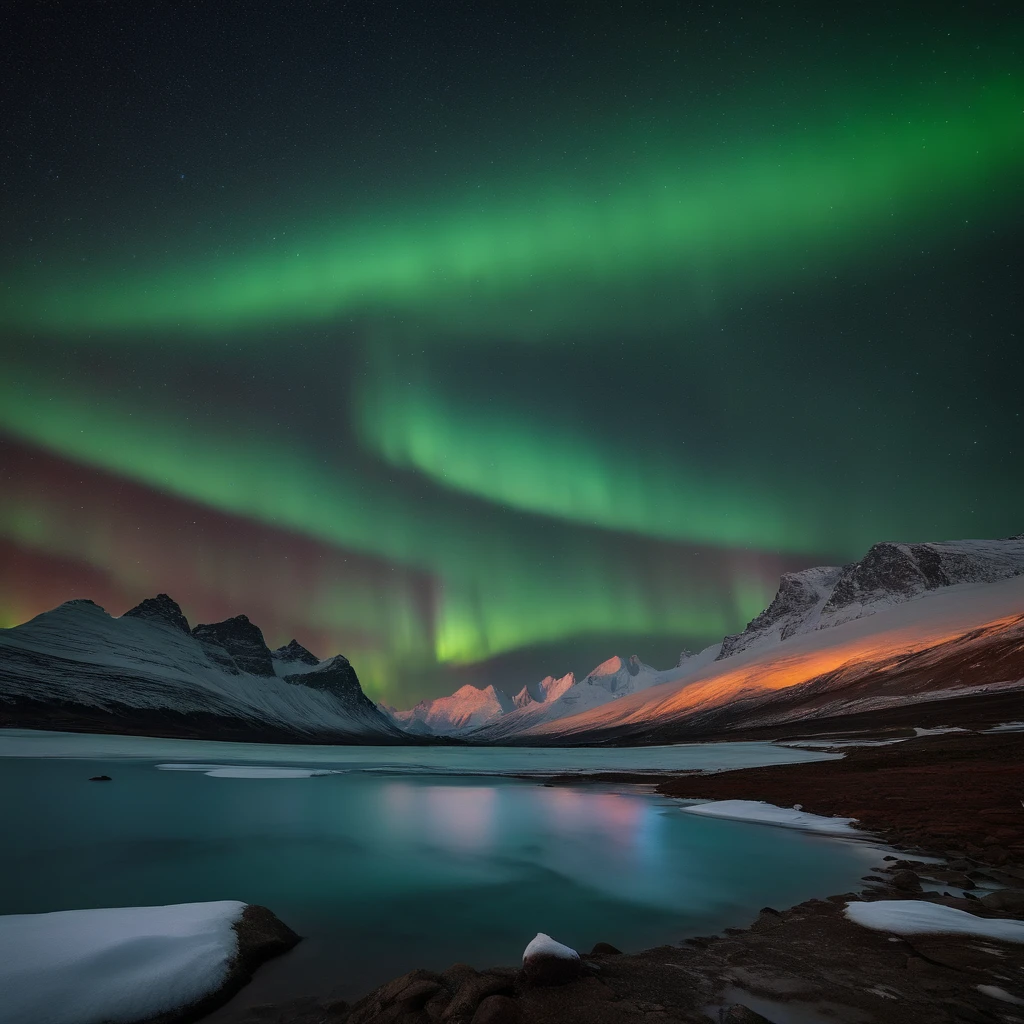 Master Parts、Superior Quality、superior image quality、The 8k quality、Beautiful pictures of the starry sky、magnifica、Arched Milky Way:1.25、north pole:1.5、Pale glaciers:1.9、(Red and green aurora borealis:1.25)