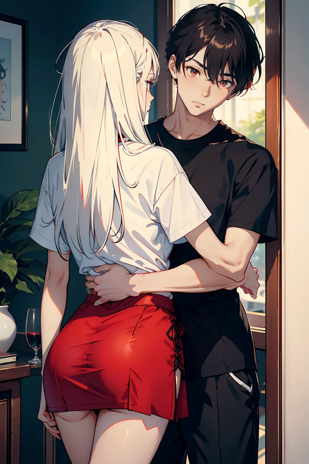 top-quality　tmasterpiece　Male and female couples　Girl looking straight into camera，Wear tight skirts and shirts。Boy hugging girl from behind。Boy in red shirt，Girl with long white hair。Without glasses、Intimacies