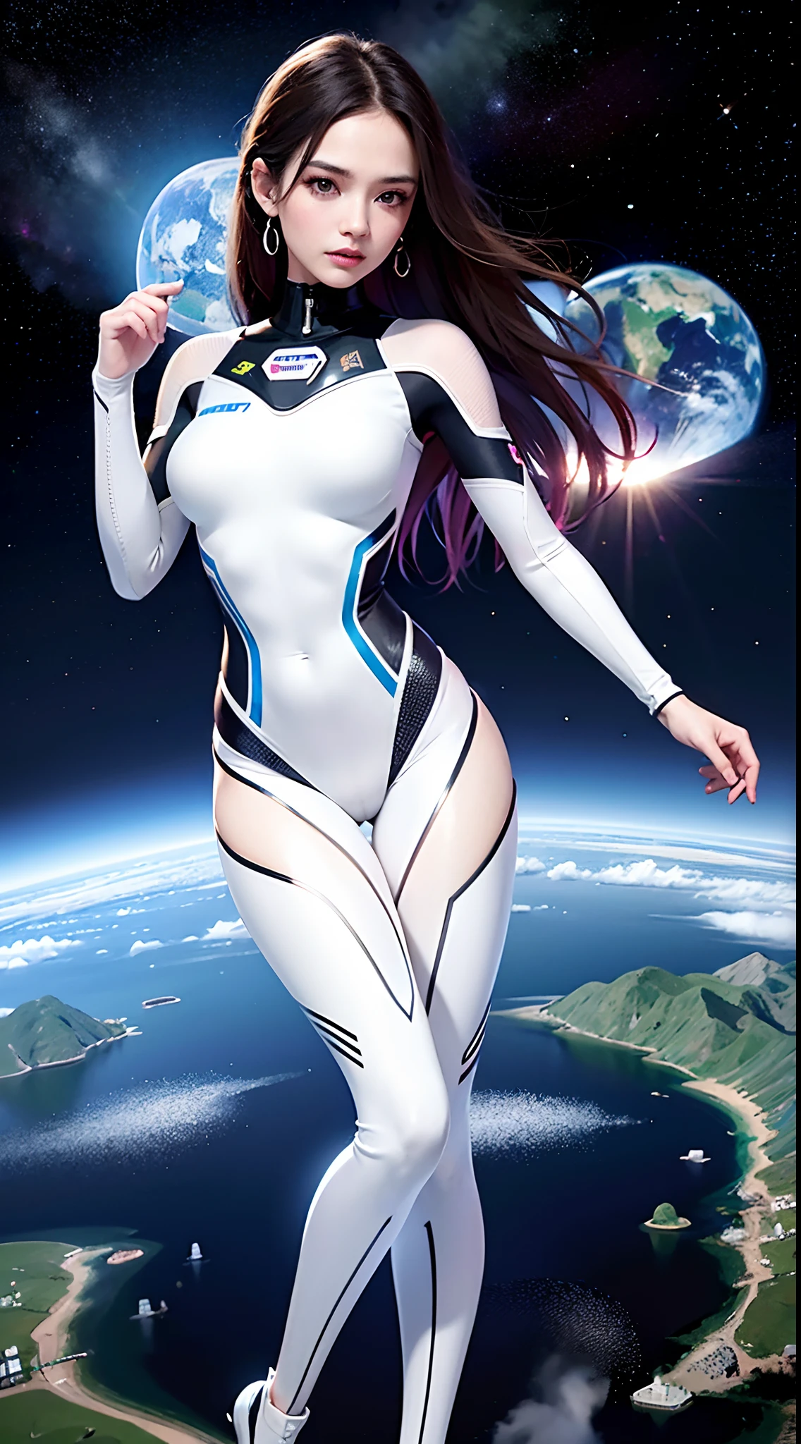 (tmasterpiece:1.2),best qualtiy,In space,(nigh sky,medium lenght hair:1.2),(illustratio:1.2),lindo cenario,dreads,(Elaborate luminescence,lens flare glow),(Hyper-detailing),Hyper-detailing,(exquisitedetails),(complexdetails),(Movie light,Best quality backlight),清晰的线条,New world,peeping at the viewer,Solo Woman,(Space Girl,the space),Oriental women,The girl looks like a Chinese movie star,Solo Woman,Perfect body,Beautiful girl,(1girll),(Bright bioluminescent hair,bright glowing eyes),(galaxias,Alien planet),(Astronaut wearing sexy futuristic style white tight spacesuit:1.1),(The material of the spacesuit is extremely light),The girl has a slender waist,Big breasts Thin waist,bare shoulders,Bare legs,exposed waist,Latex tight spacesuit,The chest of the spacesuit shows the starry sky,Slightly closed eyes,(cyber punk perssonage),(dyna:1.3),(putting makeup on)),hight contrast,(The best lighting,Extremely refined and beautiful),((Movie Moonlight)),Extremely colorful,((Photoshop Pastel Painting:1.1)),aethereal,(Movie Masterpiece),suspense,Funk,(Starskrim),splash of color,absolutly eye-catching,((Caustics)),dynamic angle,big breasts beautiful(detailed glow),(spine-chilling),(Intricate movie scenes behind it:1.2),Environmental occlusion, (Ambient moonshine), ray-traced reflection, intricately detailed visible background , (Glowing spacesuit), terroral, (Bioluminescent vegetation:1.2), terroral, uneasy, A futuristic, terroral, (Hologram head-up display), (Delicate Great Comet)