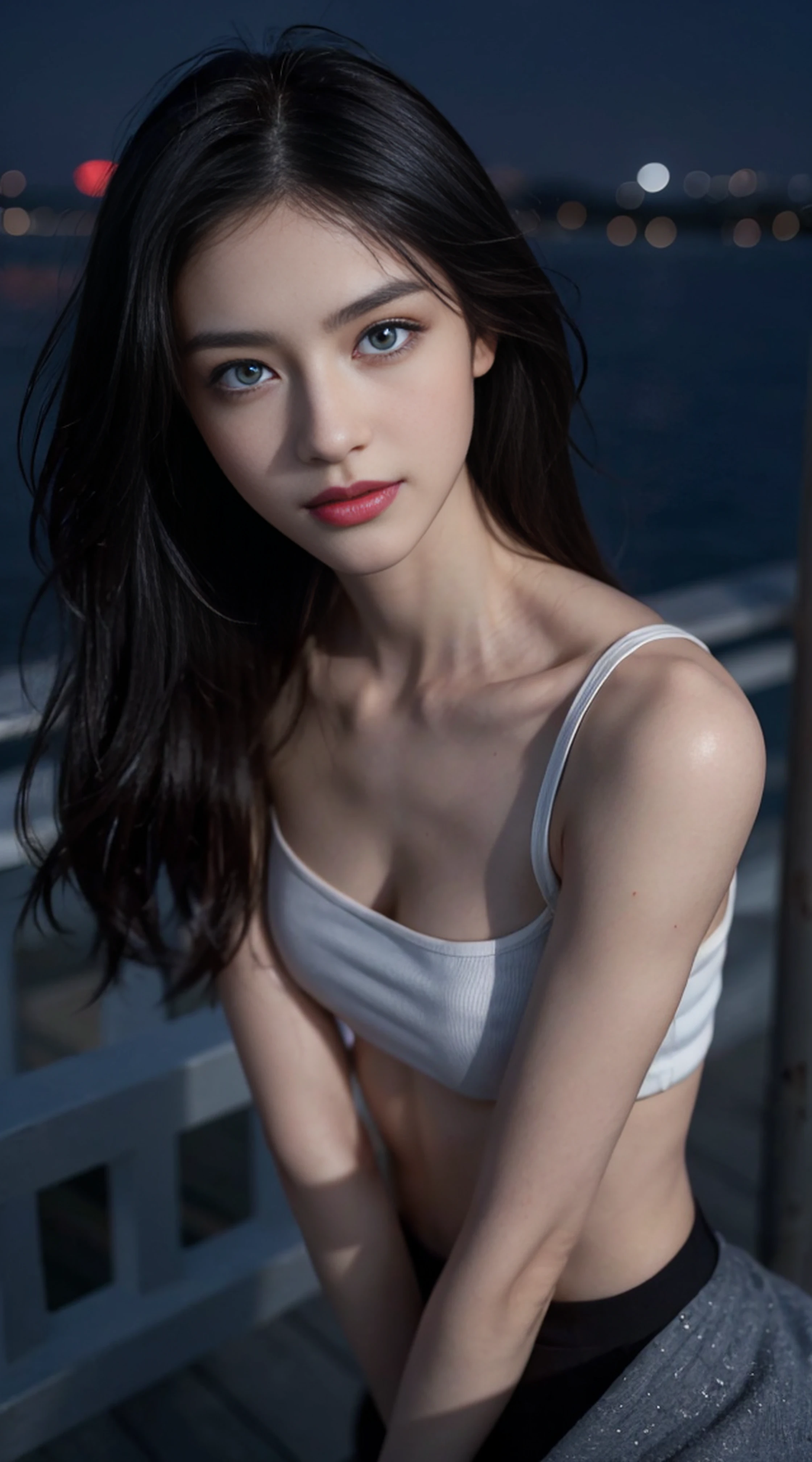 8K, Top Quality, Intricate Details, Ultra Detail, Ultra High Resolution, Masterpiece, random angle, Slender, Smile, (Makeup: 0.4), (Fluffy Blue Eyes: 1.21), blue Eyes, looking at viewer, ((full body)), 1girl, solo, 1 girl, (( full body)), close up shot, , ((tall)), (((fit body))), (((slim face))), sharp face, sharp eyes, (((black hair, long hair, )) , (detailed face), sharp face, small lips,
(( crop top, low waist short)), ((naked)), detailed face, detailed breast, , large breast, detail ass, , Beautiful girl with accentuated slender abs: 1.4, Six Pack Abs: 1.4, Bust Botox, Big, Perfect Body, detail leg, (( moonlight)), top of mountain