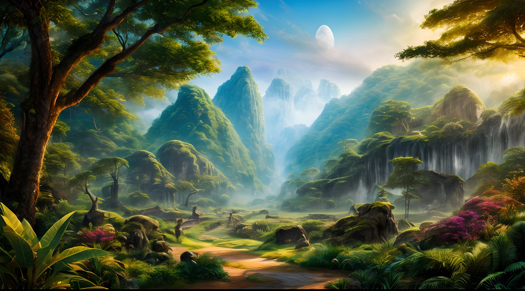 An epic cinematic jungle landscape, meticulously crafted in 4K HD, showcasing the jungle's grandeur with vibrant and beautiful colors, a scene that transports viewers into a fantasy world, Digital illustration with high-definition rendering,