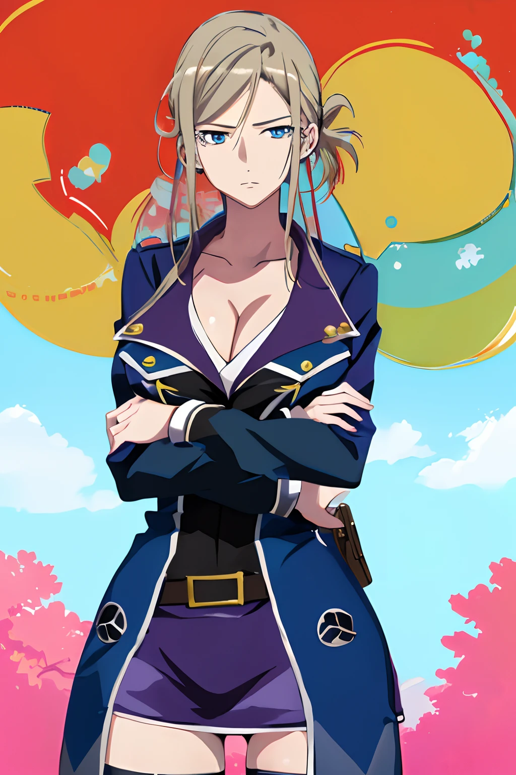 (masterpiece, best quality:1.2), huge tits, cleavage,  cowboy shot, solo, 1girl, awashima seri, expressionless, closed mouth, looking at viewer, crossed arms, blue eyes, uniform, thighhighs