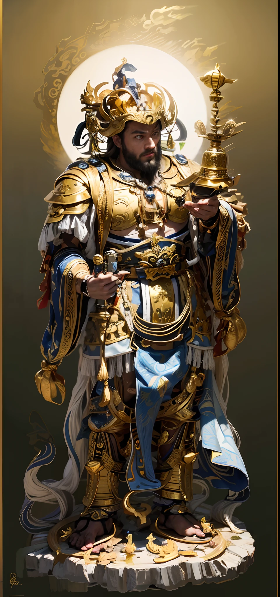 Handsome man, mythical character,(((com um rosto quadrado))),nobles,The king,Shogun,One meter nine,small heads,long leges,Tall guy,com um rosto quadrado,Strong facial muscles,Peng Yuyan,(((little beard))),(((One hand holds a sword,One hand to the pagoda))),Basketball player body proportions,Roman model,European people,looking toward the viewer,Blue pupil,The body is well-proportioned,Long legs,Straight back,Fitness trainer,Movie stars are glamorous,(((Heads-up))),Handsome,Westerners,muscular face,Muscular body,Perfect proportions,The muscles have expressions in both eyes,King Yan Luo stared ahead,(((Golden lotus throne))),The man wears a white shirt,(((Ancient Roman clothing))),silkouette,White yarn,There are muscles,(((Ancient Roman white clothes))),Shirtless,,(((Head background with round light))),(((Behind it is the sun))),(((The man emits a bright and dazzling light))),King Yan took away the metal weapon,Take the Skeleton Staff as an example,Barefoot on both feet,Step on the nasturtium,photorealestic,professional photoshooting,Realiy,超高分辨率,tmasterpiece,