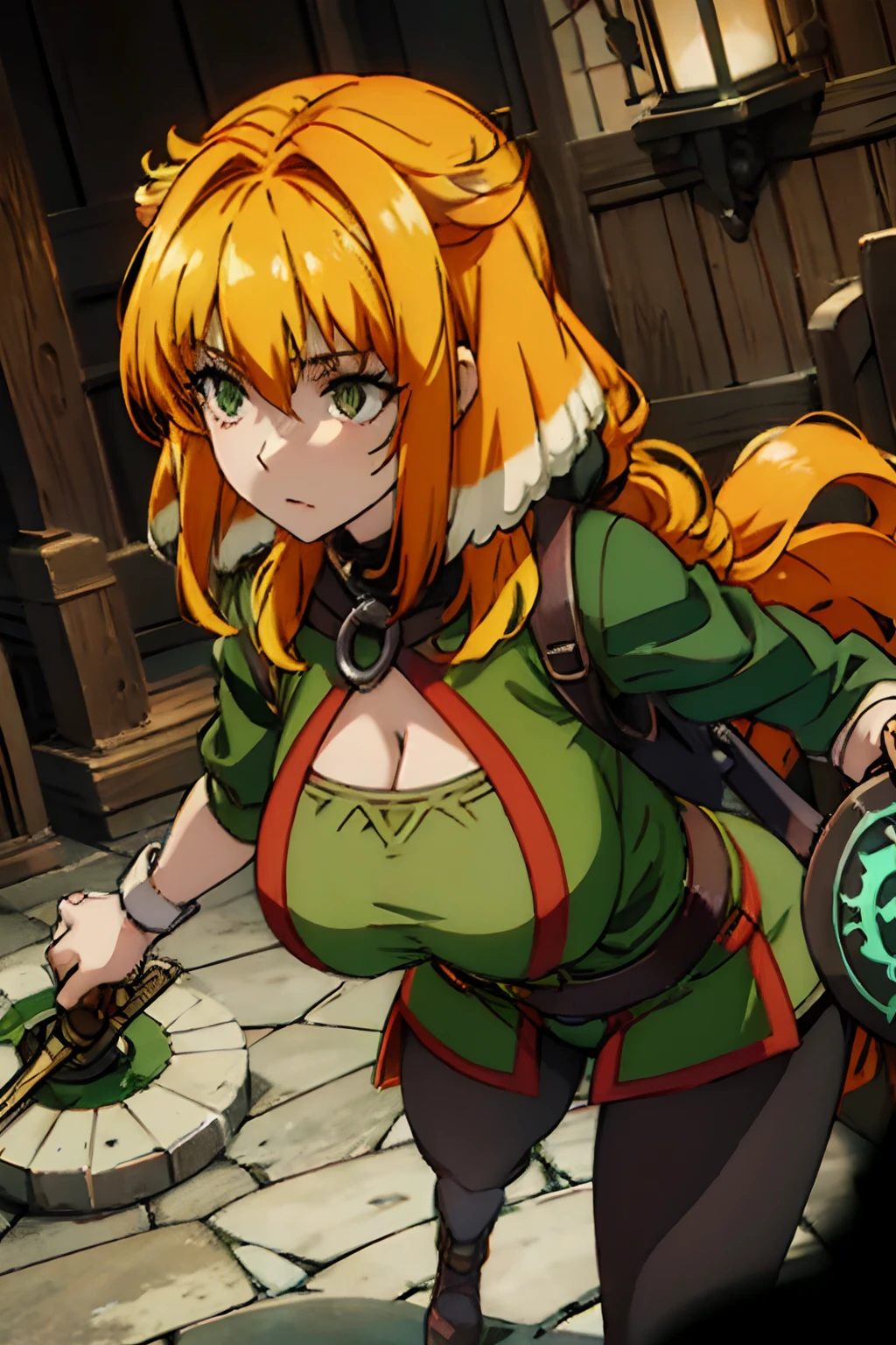 Sheep style Monster in the background In a dungeon scenery, from the side, Roxxane holding a sword and a round wooden shield, battle pose, green mercenary clothes,