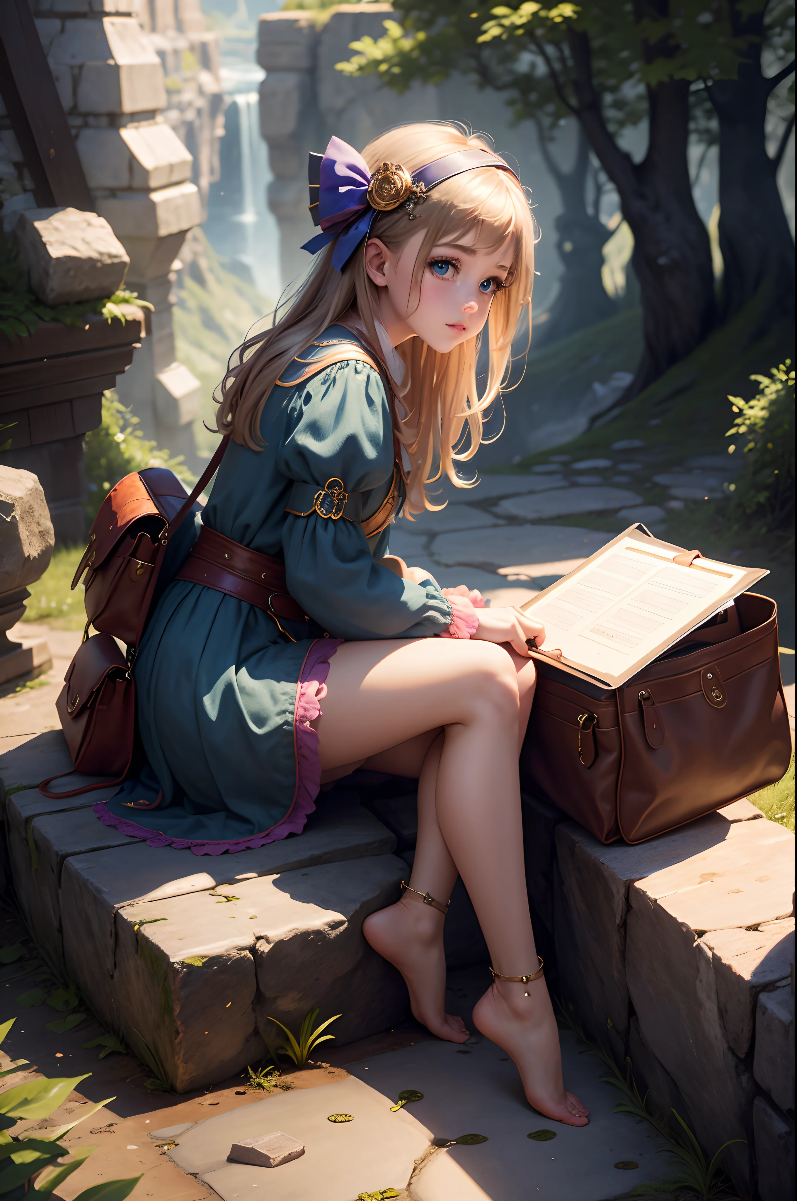 Masterpiece,Best quality,1girll, fantasy,magical,illumination,bag,From the side Side,view the viewer,Sitting