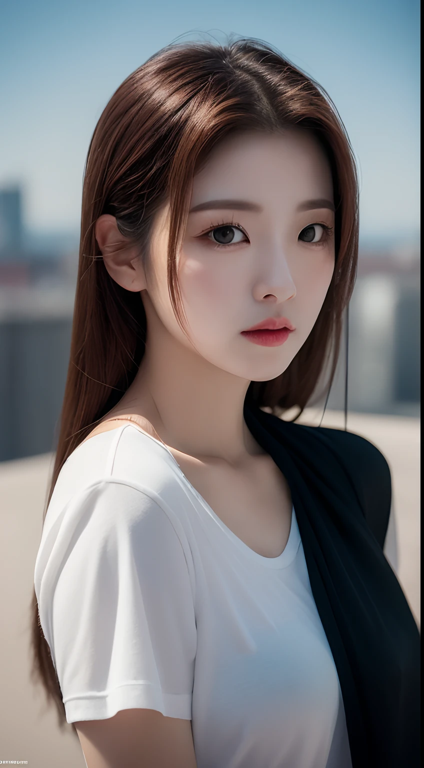 Realistic photos of 1 cute Korean actress, hair over shoulder, White skin, thin makeup, Bust size 32 inches, Wearing t-shirt,on the rooftop, upper body portrait, cinematic lighting, UHD