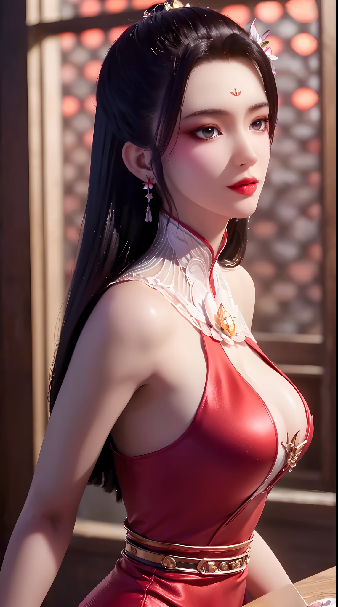 1 beautiful and sexy 20 year old girl, ((wearing a super thin red dress:1.5)), dress with diamonds, black chest border with gold border, long hair and white bangs, most detailed and beautiful hair jewelry, Baby super cute face, Very pretty face, sparse eyebrows, flawless beautiful face, ((black pupils:0.8)), very beautiful eyes, ((red eyes:1.4)), beautiful eyelashes and The details and makeup are magical, high nose, earrings, thin lips, red lips, no smile, beautiful lips, rosy face, clean face, flawless beautiful face, smooth white skin, (big breasts: 0 ,9)), Blums breasts, ((big and super round breasts): 0.9)), ( (super tight breasts: 1.2)), ((breast augmentation: 0.8)), beautiful breasts, pushing the chest forward, beautiful girl's upper body, 8k photo, super high quality, super realistic, 10x super pixel, realistic photo, bright studio, bright border, two-tone bright color, skin (high detail): 1.2), 8k ultra, soft light, high quality, light amount, realistic, Image, high resolution, light, Best photo, 4k, 8k quality, blur effect, Smooth and sharp, 10 x pixels , aurora, lightning, super sharp graphics, most realistic graphics,((red flower background: 1.6)), 1 girl, alone, solo, Extremely sharp, surreal images, girl portrait, (((frontal portrait: 1.6)))."