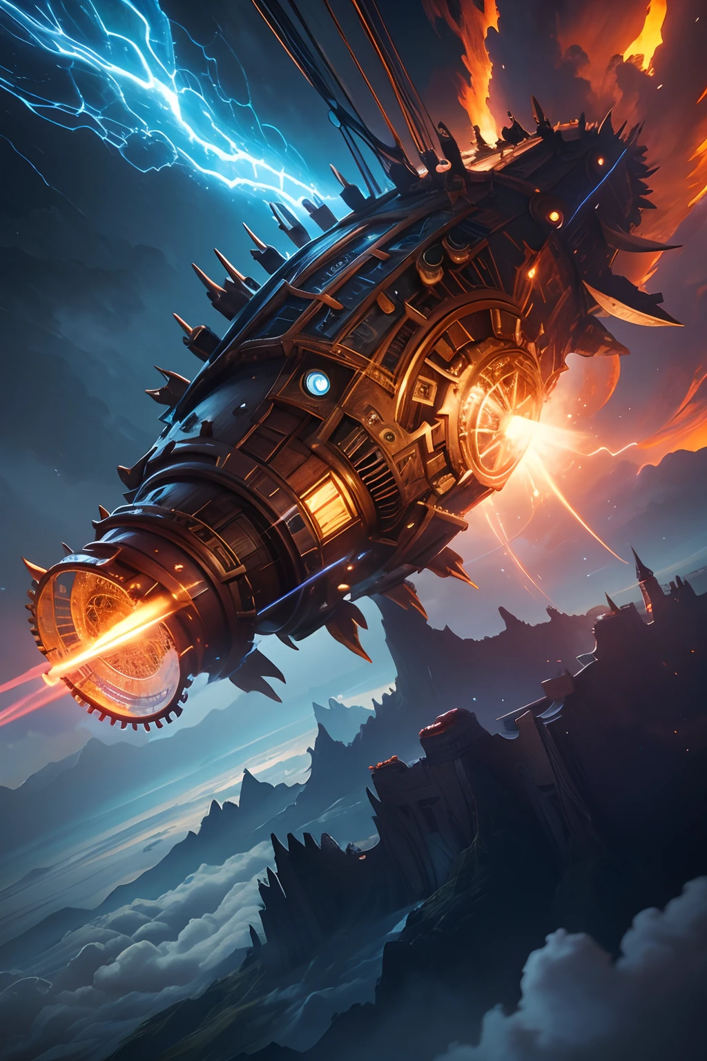 A very dynamic scene. 1200 years. Fantasy world. A giant vintage rusty gear flies through time and space. Very Close-up. View from below. Flight through clouds, sparks, blue flames. super realistic. cinematic. Blurred background in motion. light haze