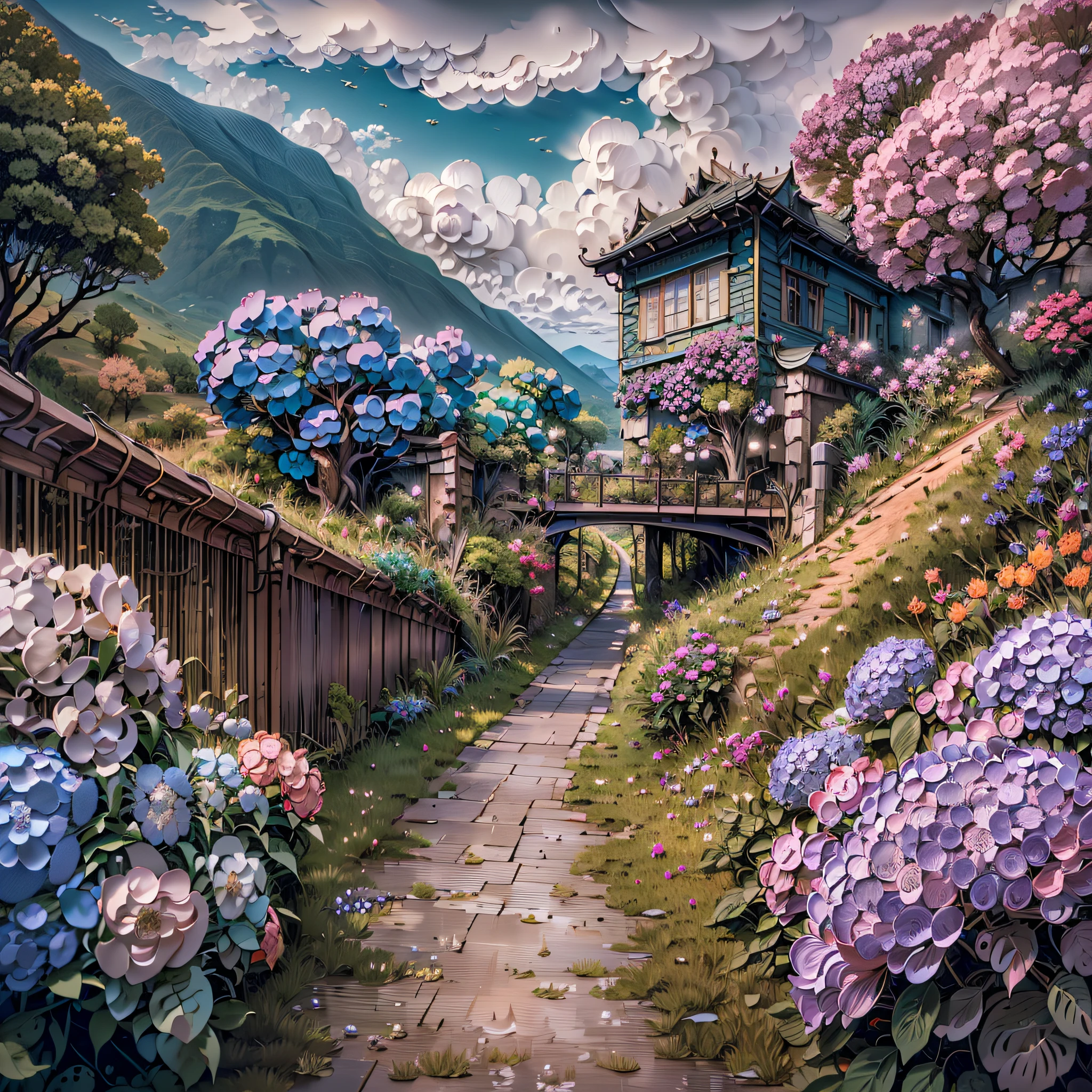 wide wide shot,bridge, Building, Bush, City, Cloud, day, Door, fence, Field,orest, sonoko, Grass, house, hydrangea, Mountain, Nature, No_Humanity, Outdoors, paths, plant, potted_plant, purple_flower, Road, scenery, sky, skyscraper, traditional_Mediums, tree,