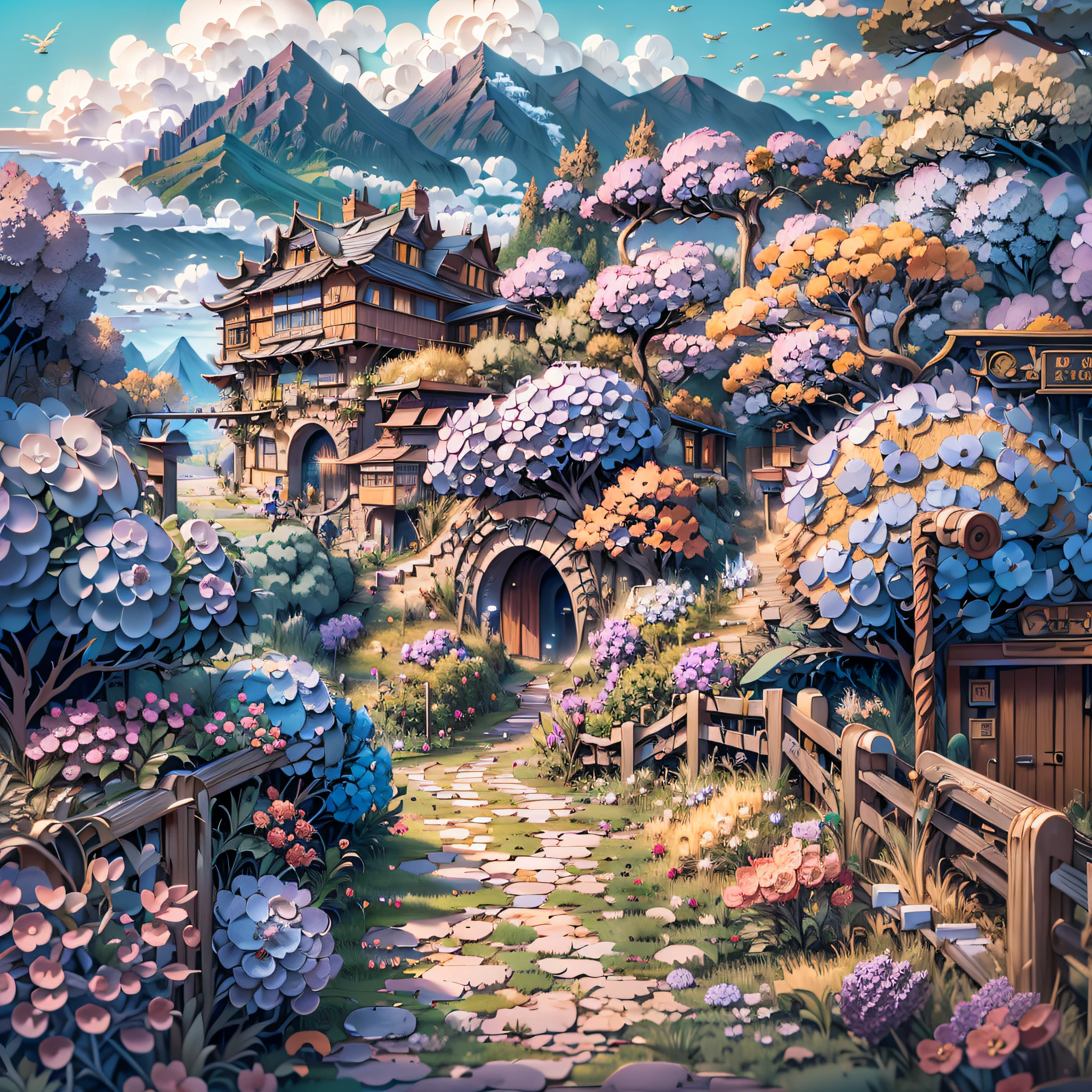 wide wide shot,bridge, Building, Bush, City, Cloud, day, Door, fence, Field,orest, sonoko, Grass, house, hydrangea, Mountain, Nature, No_Humanity, Outdoors, paths, plant, potted_plant, purple_flower, Road, scenery, sky, skyscraper, traditional_Mediums, tree,