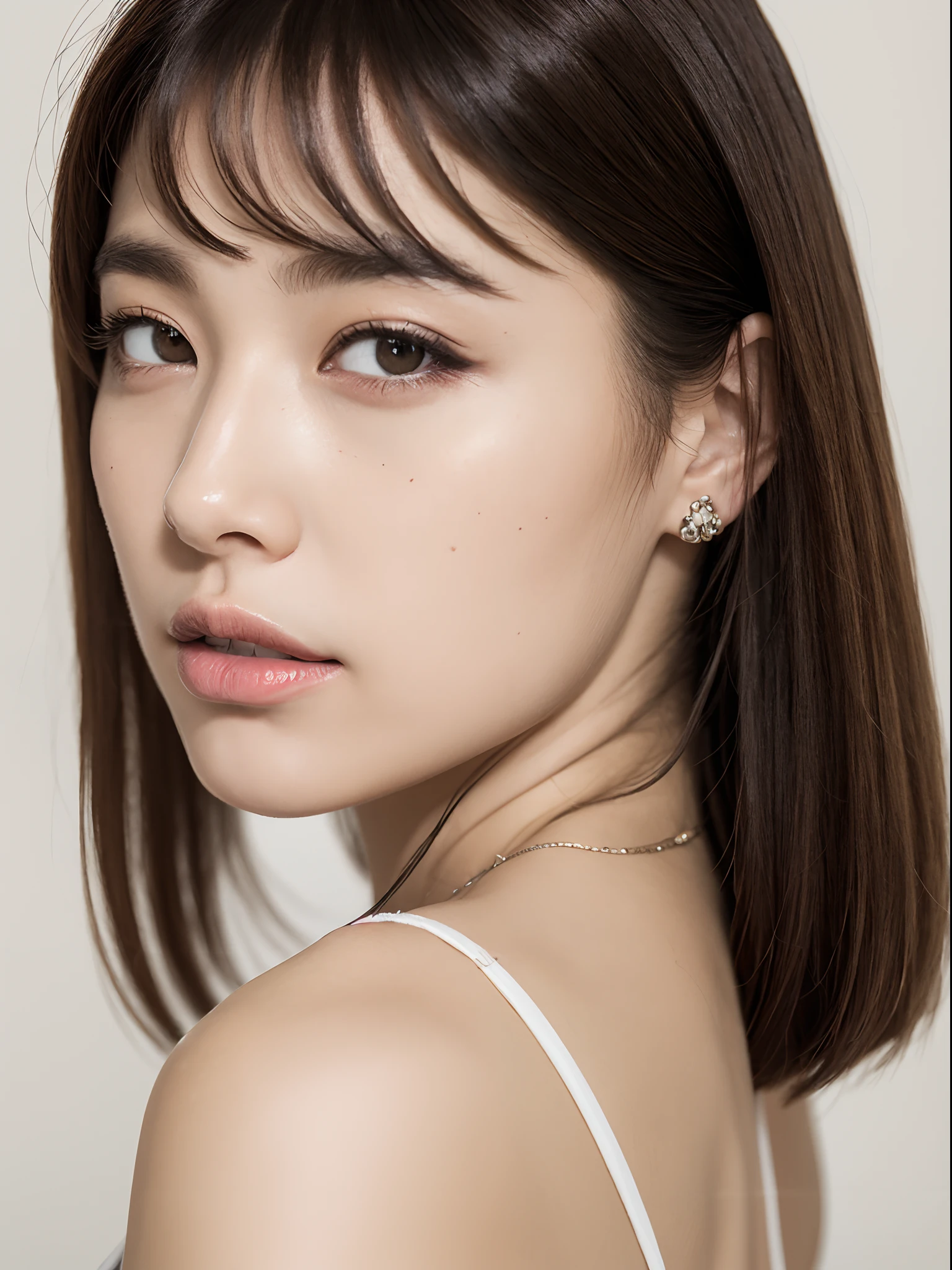 top-quality:1.3、​masterpiece、hight resolution、［1 girl in］、｛独奏｝、Raw photo、Real person、waist-up,Photo of a seductive woman with a loose style of brown hair, Pose in the room, mascara, ,(Textured skin, Skin pores:1.1), (Mole:0.6), (Imperfect skin:1.1) intricate detailes, goose bumps, face perfect, ((Photorealsitic):1.1), (Unripe, 8K:1.2)、Detailed skin、japanes、waved hair、Crew Neck T-Shirt、catchlight、piercings、a necklace、white walls、Rear view