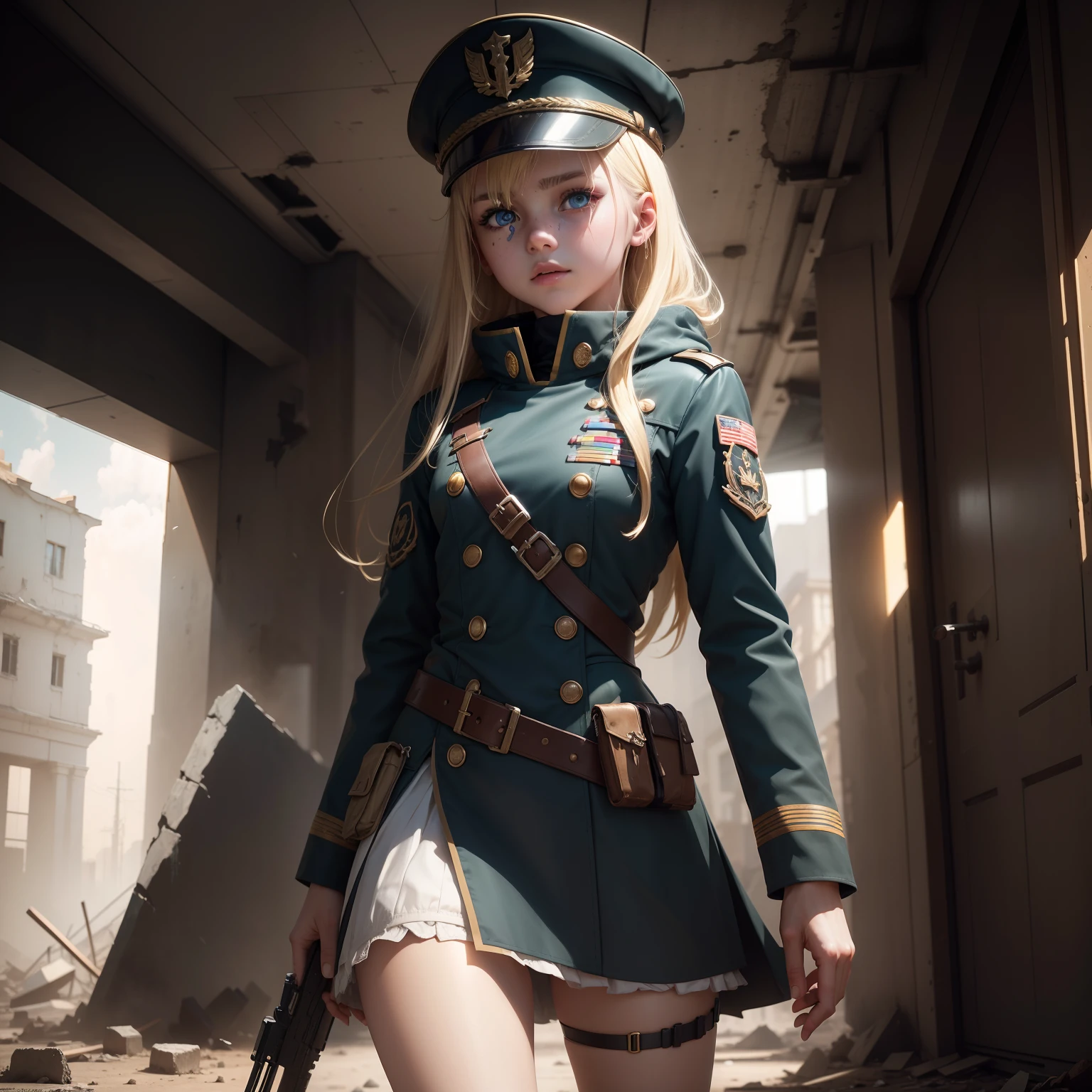 ukrainian girl , Ukrainian anime girls , , Ukraine ,  Full body composition of young girl with messy bright blonde hair, eye make up, ,  Soft lighting, Solo, Old torn dirty shabby futuristic military uniform, badges, Pose, Blotch color, Octane Render, Hyperrealistic intricate detail, Cinematic, 8K resolution, 70mm, Accent Lighting, Global Illumination, Full body portrait, clean detailed faces, intricate clothing, Cute face, flat chest, Slim waist, Slim legs, small hips,Wearing a military cap,