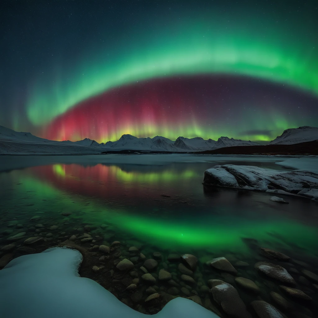 Master Parts、Superior Quality、superior image quality、The 8k quality、Beautiful pictures of the starry sky、magnifica、Arched Milky Way:1.25、north pole:1.5、Pale glaciers:1.9、(Red and green aurora borealis:1.25)
