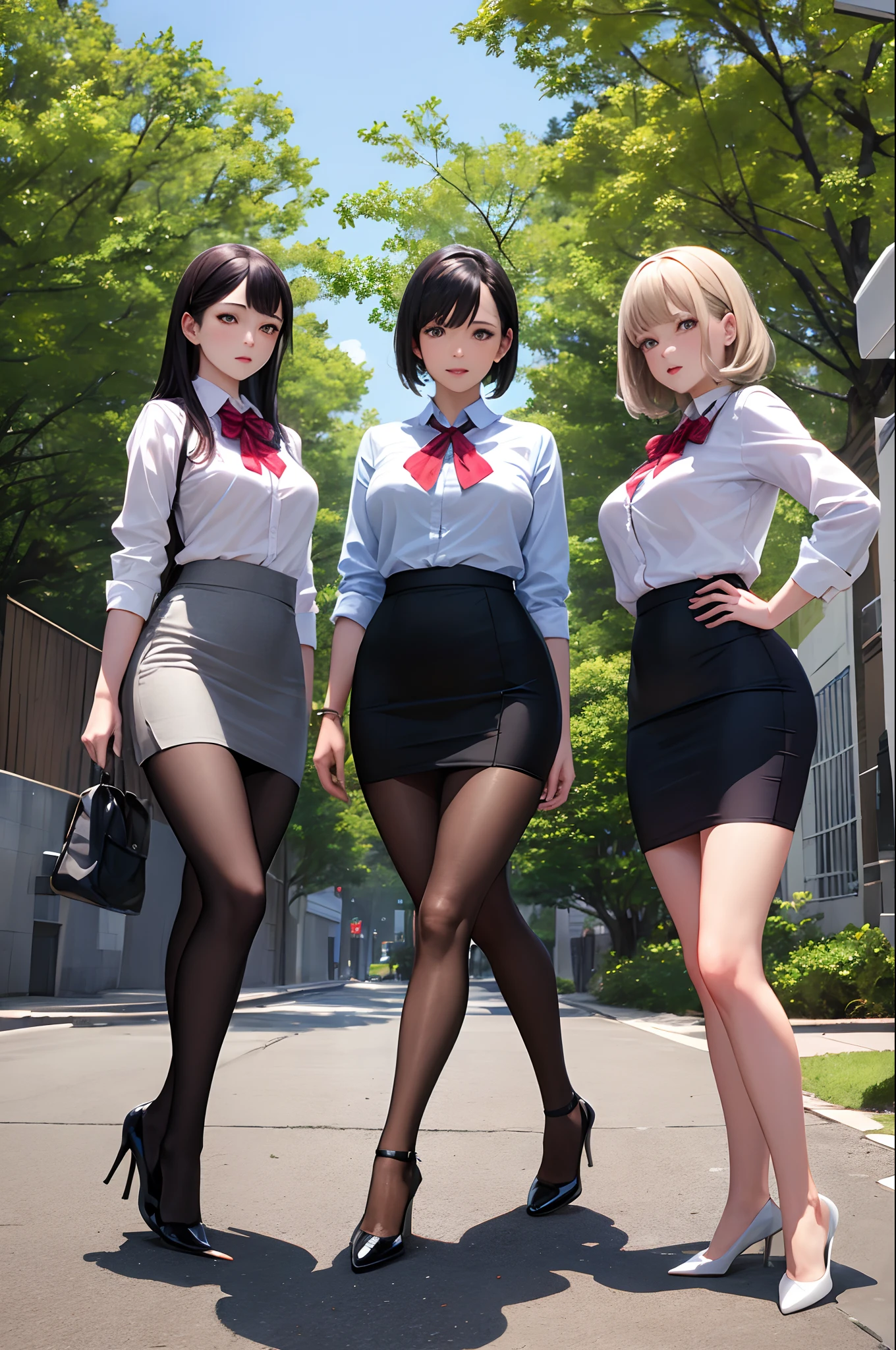 Masterpiece, Best quality,4girl,young girl, plum_Pie eyes, brown, Choppy Bob,envy _face,Shiny skin,Medium breasts,nice leg line:1.3,Thick thighs, Thin waist,school uniform, upper legs,tiese,((pencil skirts)),red high heel pumps,   Pantyhose, , pathway_stilt_with_full bloom_cherry_Blossom_green trees,,view the viewer,From below,full bodyesbian, legsupms,