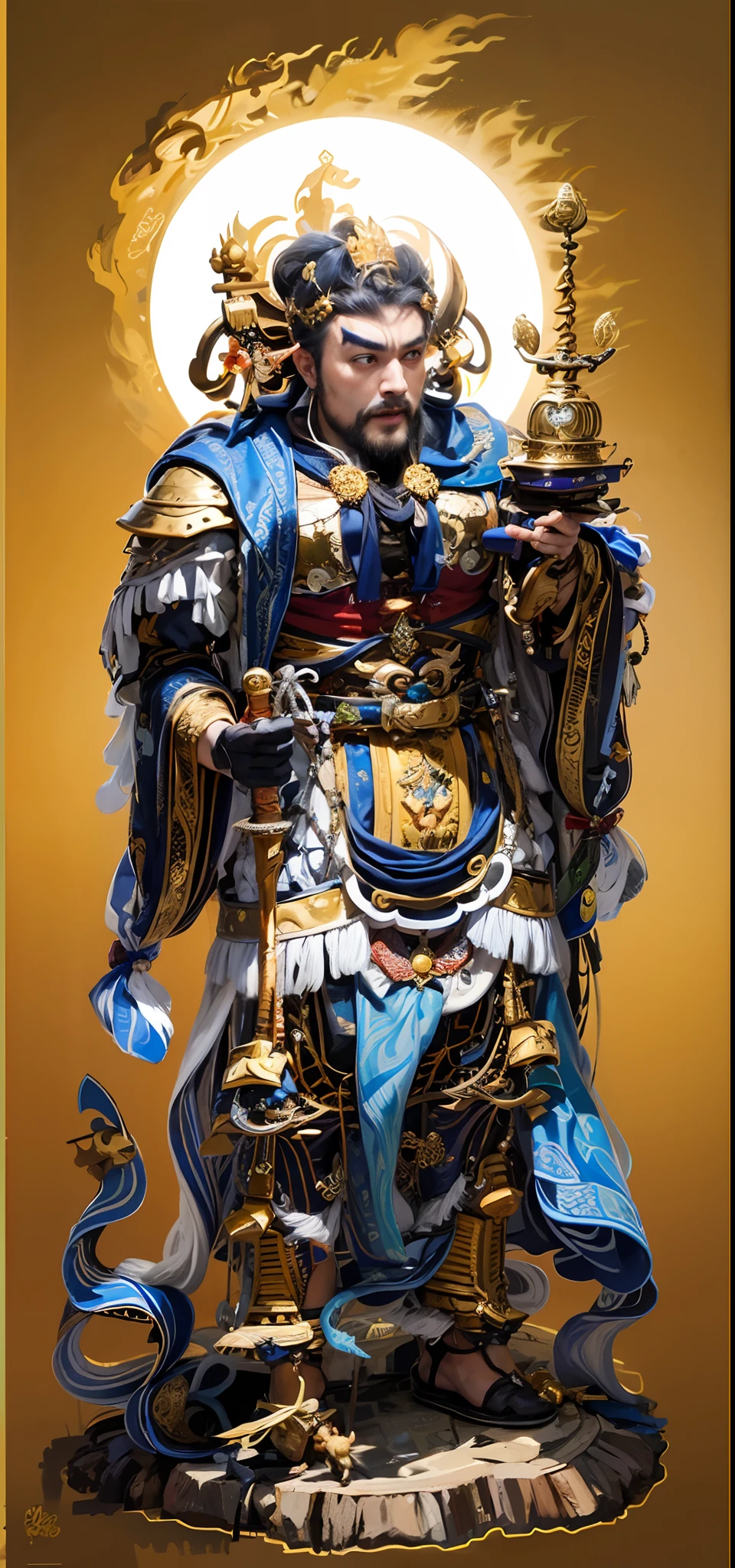 Handsome man, mythical character,King Tota,(((com um rosto quadrado))),nobles,The king,Shogun,One meter nine,small heads,long leges,Tall guy,com um rosto quadrado,Strong facial muscles,Peng Yuyan,(((little beard))),(((One hand holds a sword:1.1))),One hand to the Toh Pagoda:1.1))),Basketball player body proportions,Roman model,European people,looking toward the viewer,Blue pupil,The body is well-proportioned,Long legs,Straight back,Fitness trainer,Movie stars are glamorous,(((Heads-up))),Handsome,Westerners,muscular face,Muscular body,Perfect proportions,The muscles have expressions in both eyes,King Yan Luo stared ahead,(((Golden lotus throne))),The man wears a white shirt,(((Ancient Roman clothing))),silkouette,White yarn,There are muscles,(((Ancient Roman white clothes))),Shirtless,,(((Head background with round light))),(((Behind it is the sun))),(((The man emits a bright and dazzling light))),King Yan took away the metal weapon,Take the Skeleton Staff as an example,Barefoot on both feet,Step on the nasturtium,photorealestic,professional photoshooting,Realiy,超高分辨率,tmasterpiece,