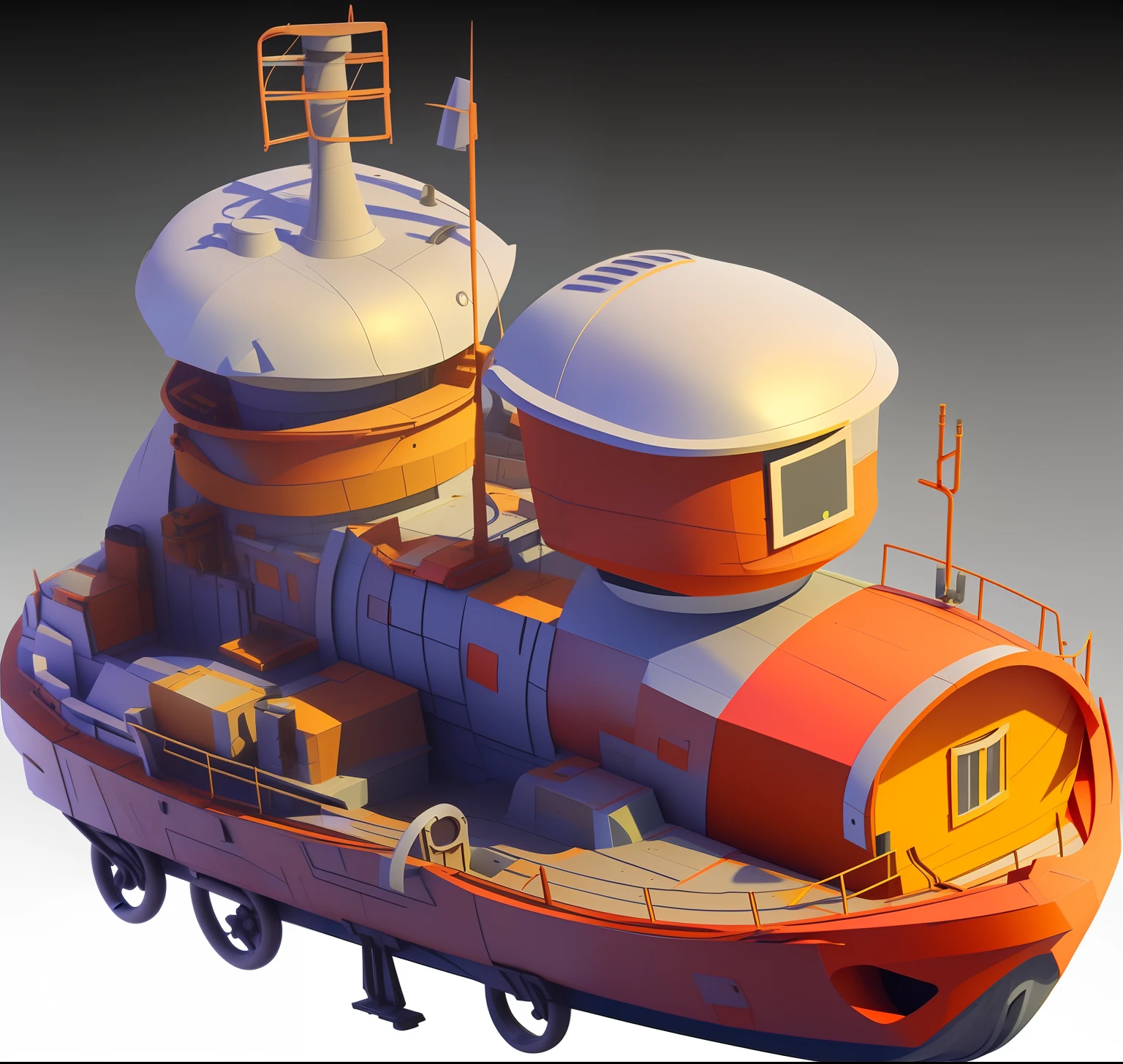 Close-up of a boat with a large engine, 3 d render stylized, stylized 3d render, stylized as a 3d render, Stylized game art, Stylized concept art, arte renderizada, Stylized 3 D, heavily stylized, polycount contest winner, cartoon fantasy spaceship, Rolands Zilvinskis 3D rendering art