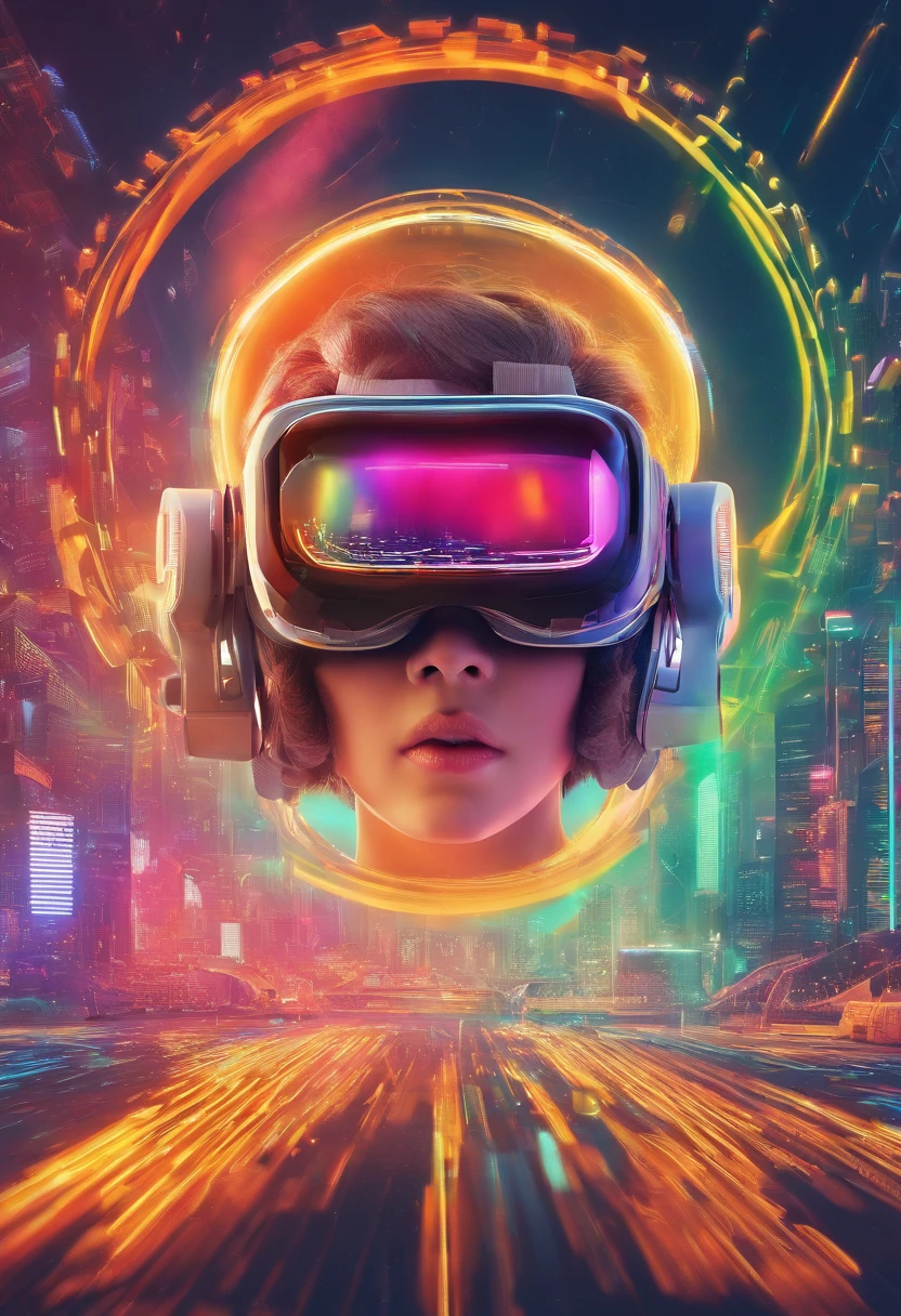 draw a person using augmented reality glasses, viewing interactive holograms of data and objects, with an environment that combines the real and virtual world. Include vibrant lines and colors that suggest the mixture and superposition of the two realities.