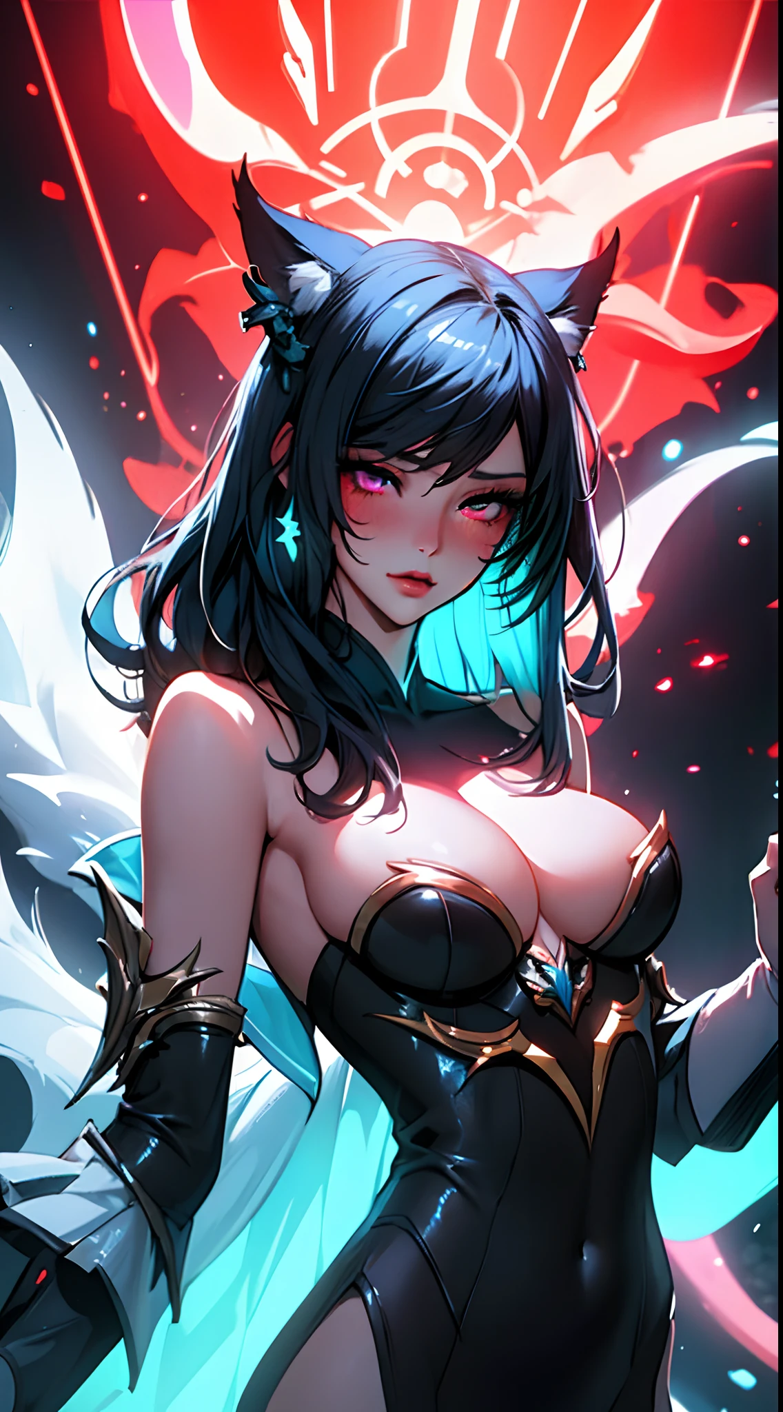 (masterpiece, best quality), 1lady, solo, masterpiece, artstation, dynamic, charming, magical, unreal engine, fantastically beautiful, illustration, dramatic lighting, rave background, neon glow, maximalist, ahri, nsfw