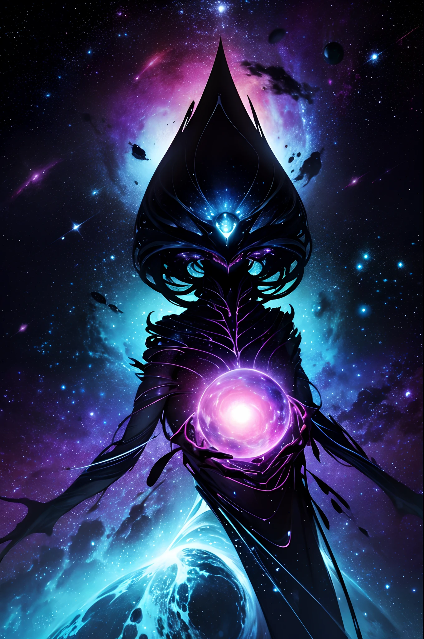 "Cosmic entity": A stunning view from space reveals a twisted galaxy filled with strange life forms and entities that defy human comprehension. Planet with night sky