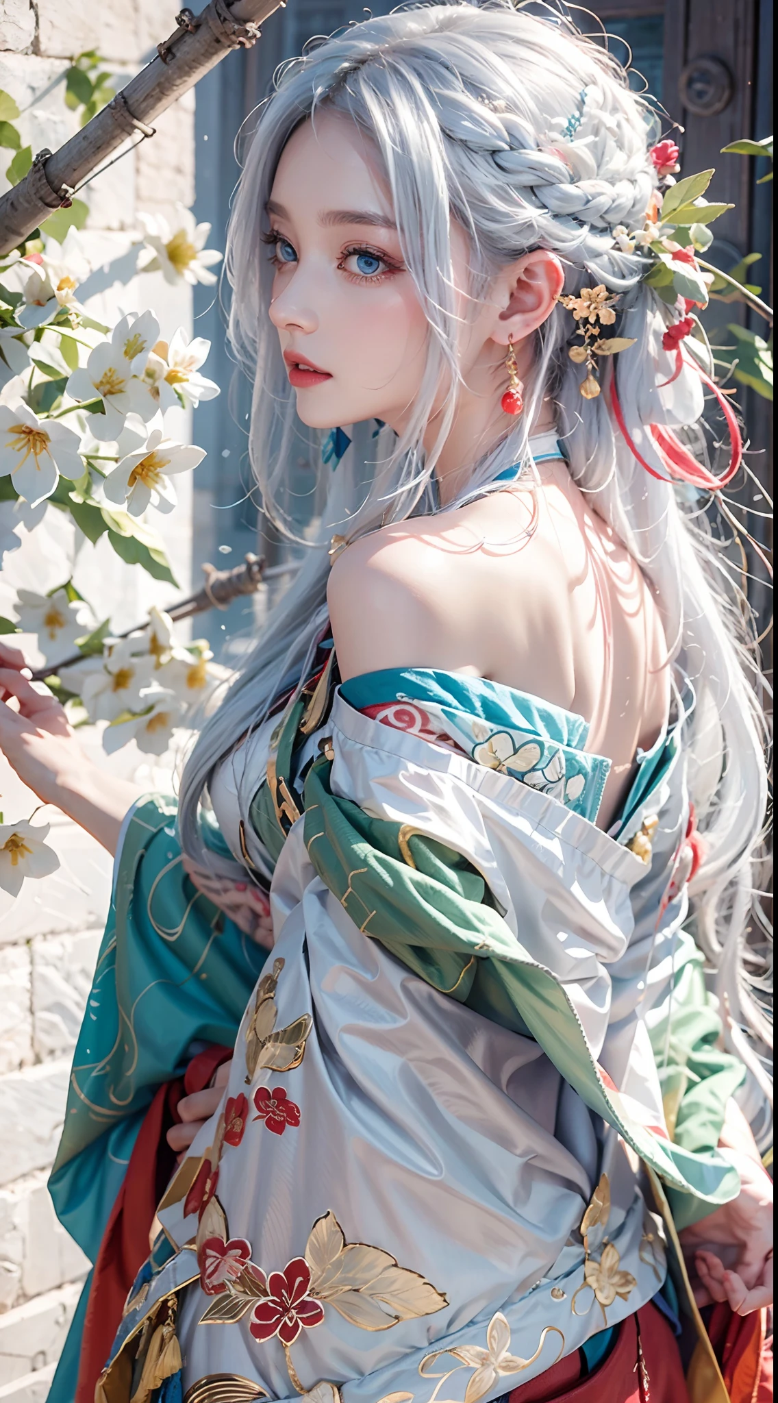 photorealistic, masterpiece, photorealistic, high resolution, soft light, hips up, blue eyes, red hanfu, white hair, long hair, wedding hanfu,oversized clothes, jewelry, tattoo, cherry blossome, back view