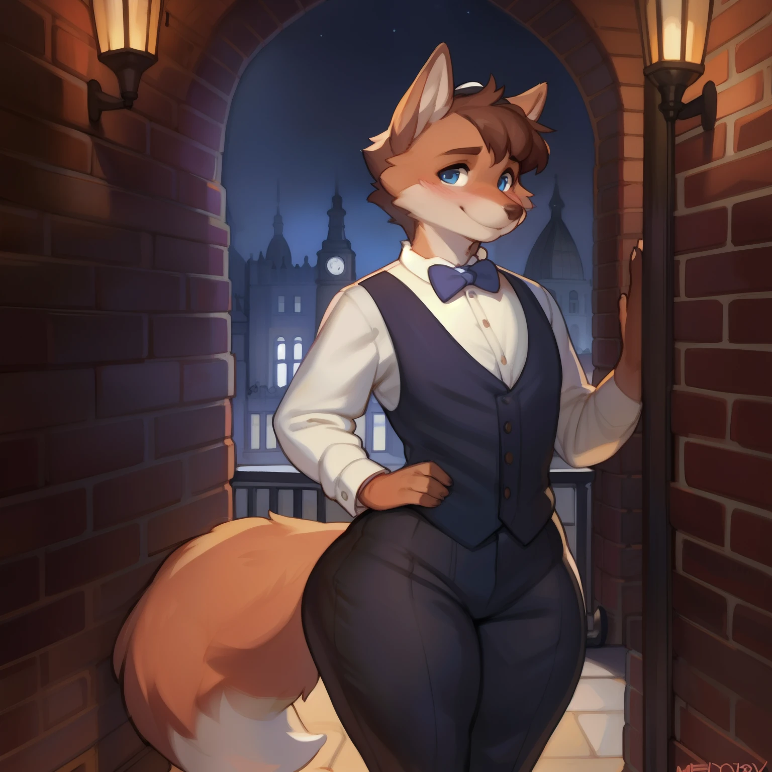 By chelodoy, by zaush, by bebebebebe, by spuydjeks, by meesh, by bigcozyorca, solo, male, vulpine, fluffy fur, short hair, brown hair, blue eyes, long lashes, tail, one tail, blushing, narrow shoulders, dainty, feminine body, hourglass figure, smile, plump body, wide hips, thick thighs, large butt, top hat, victorian vest, victorian coat, tailcoat, dress pants, victorian London, night, ambient lighting.