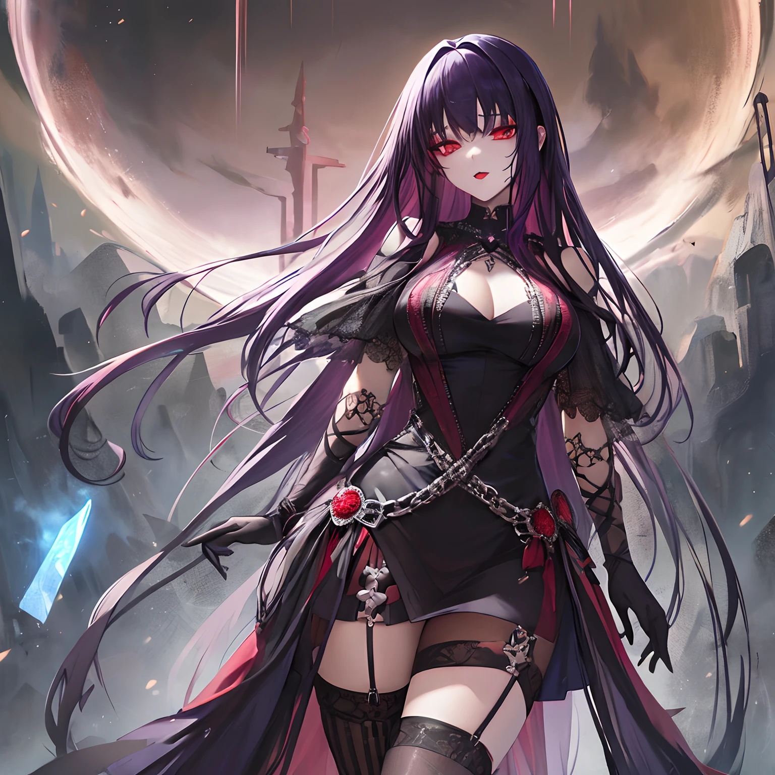 Woman, long dark purple hair, red eyes with a bright light, black long open dress, witch, silver jewelry in the shape of ribs, metal mask on half of the face, black lipstick