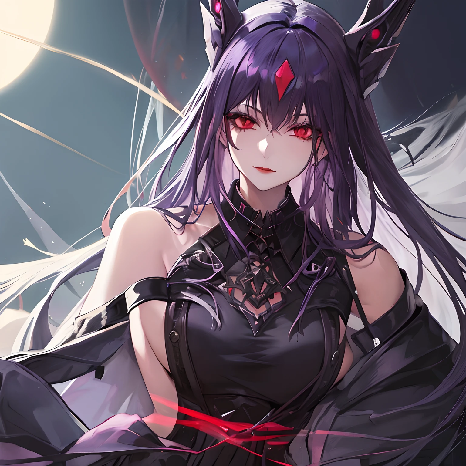 Woman, long dark purple hair, red eyes with a bright light, black long open dress, witch, silver jewelry in the shape of ribs, metal mask on half of the face, black lipstick