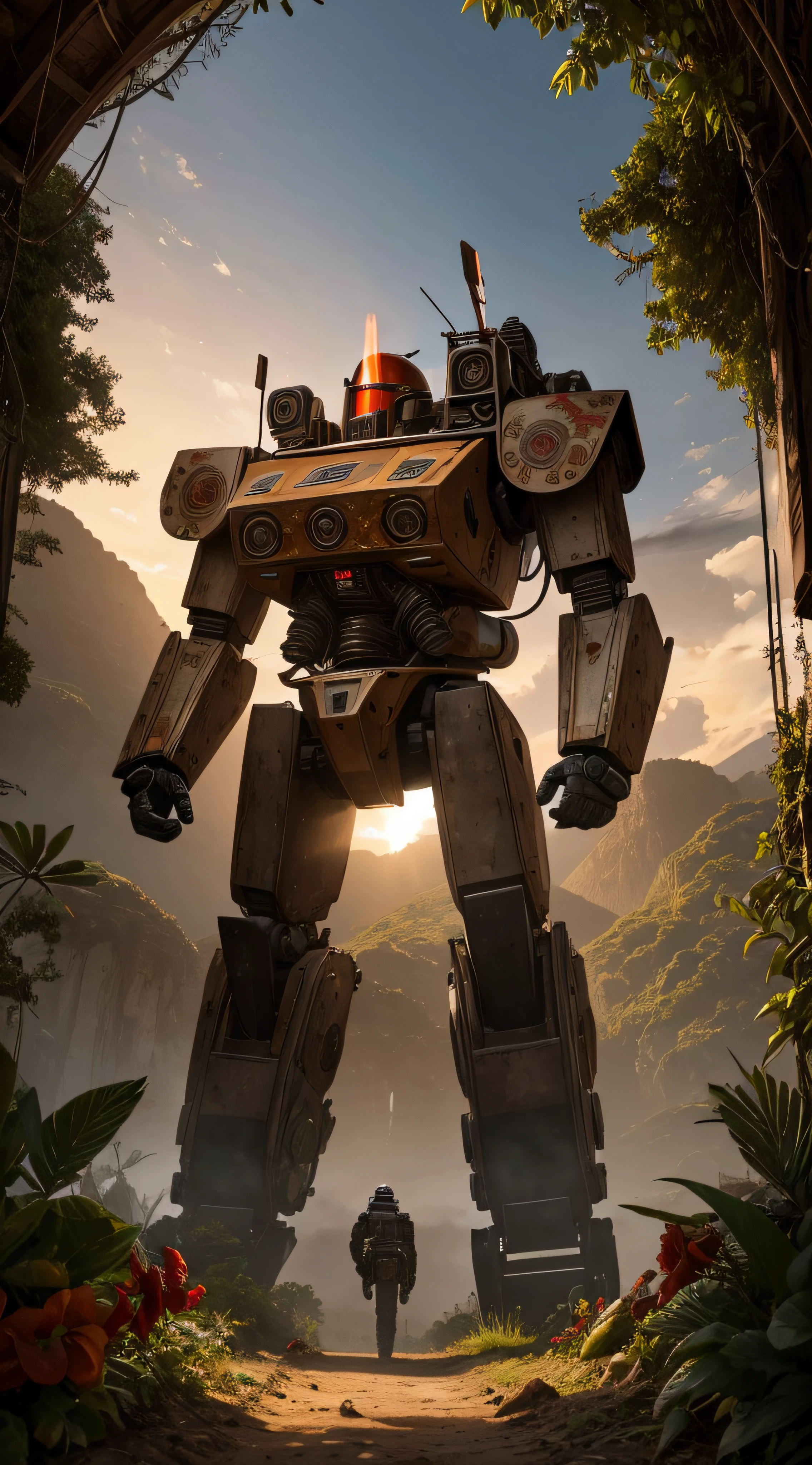 (extremadamente detallado, obra maestra, La mejor calidad, foto antigua, principios de siglo, VHS Aesthetics) Great retro robot with blood in robotic hands. Armas grandes, cannons on his back. motosierras. In the middle of a strange jungle. Vegetables from another dimension. Epic flowers far away, organic trees with meat. Light Volumetric