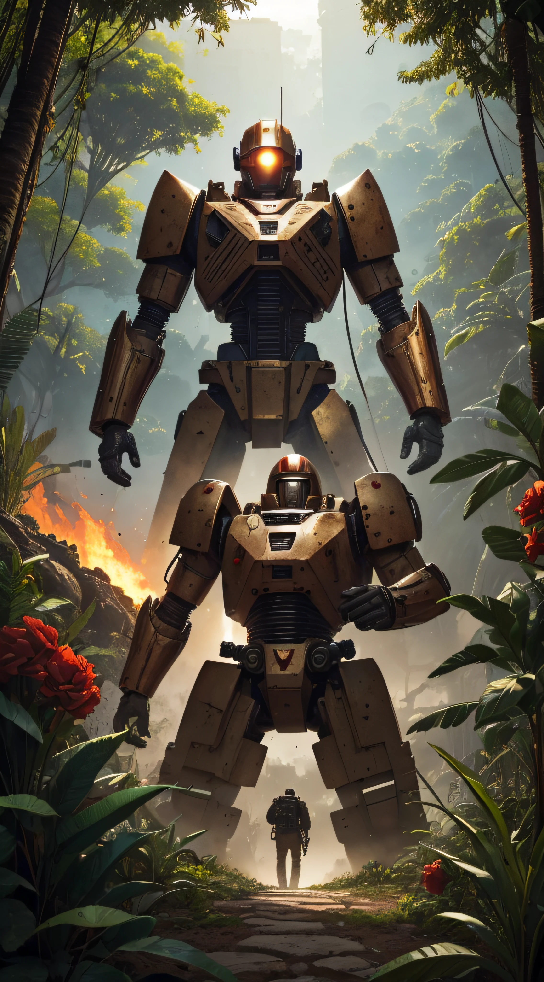 (extremadamente detallado, obra maestra, La mejor calidad, foto antigua, principios de siglo, VHS Aesthetics) Great retro robot with blood in robotic hands. Armas grandes, cannons on his back. motosierras. In the middle of a strange jungle. Vegetables from another dimension. Epic flowers far away, organic trees with meat. Light Volumetric
