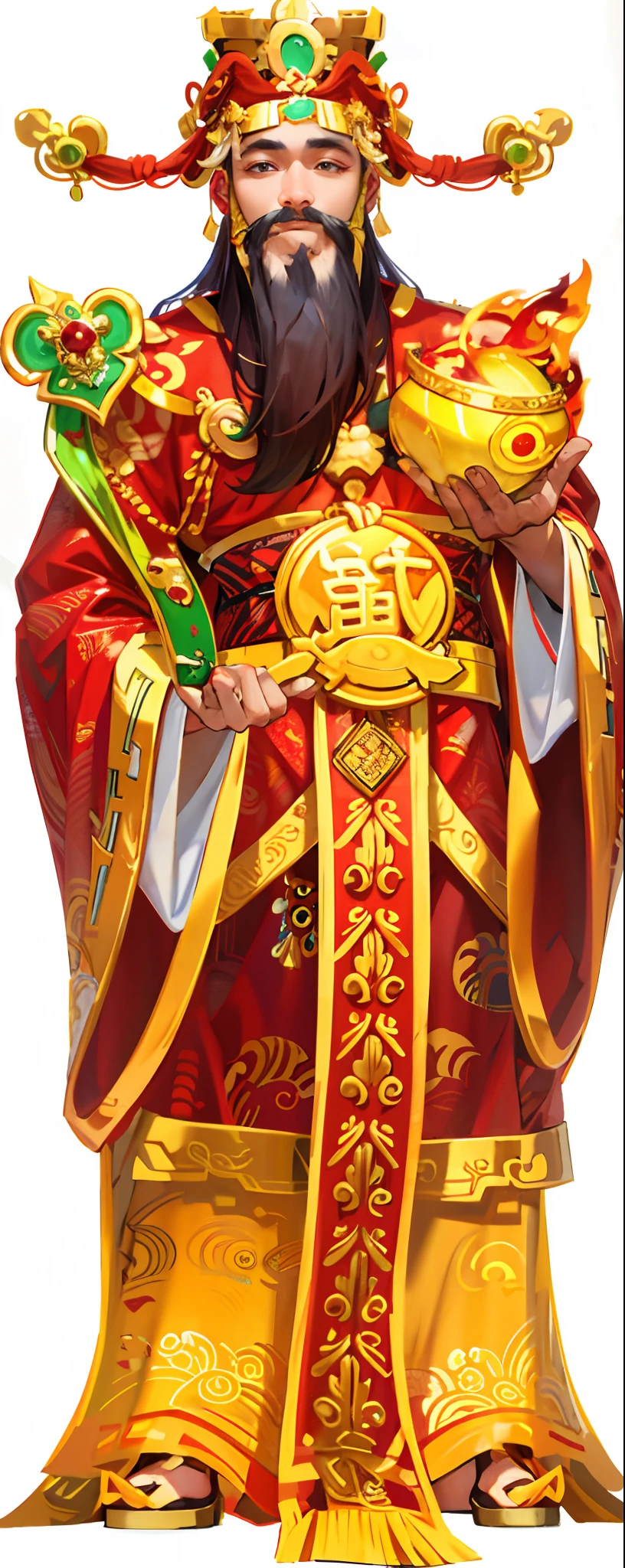 God of Wealth，fortune，Gold ingots in your hands，Green jade ruyi，Wear an official hat，fortune
