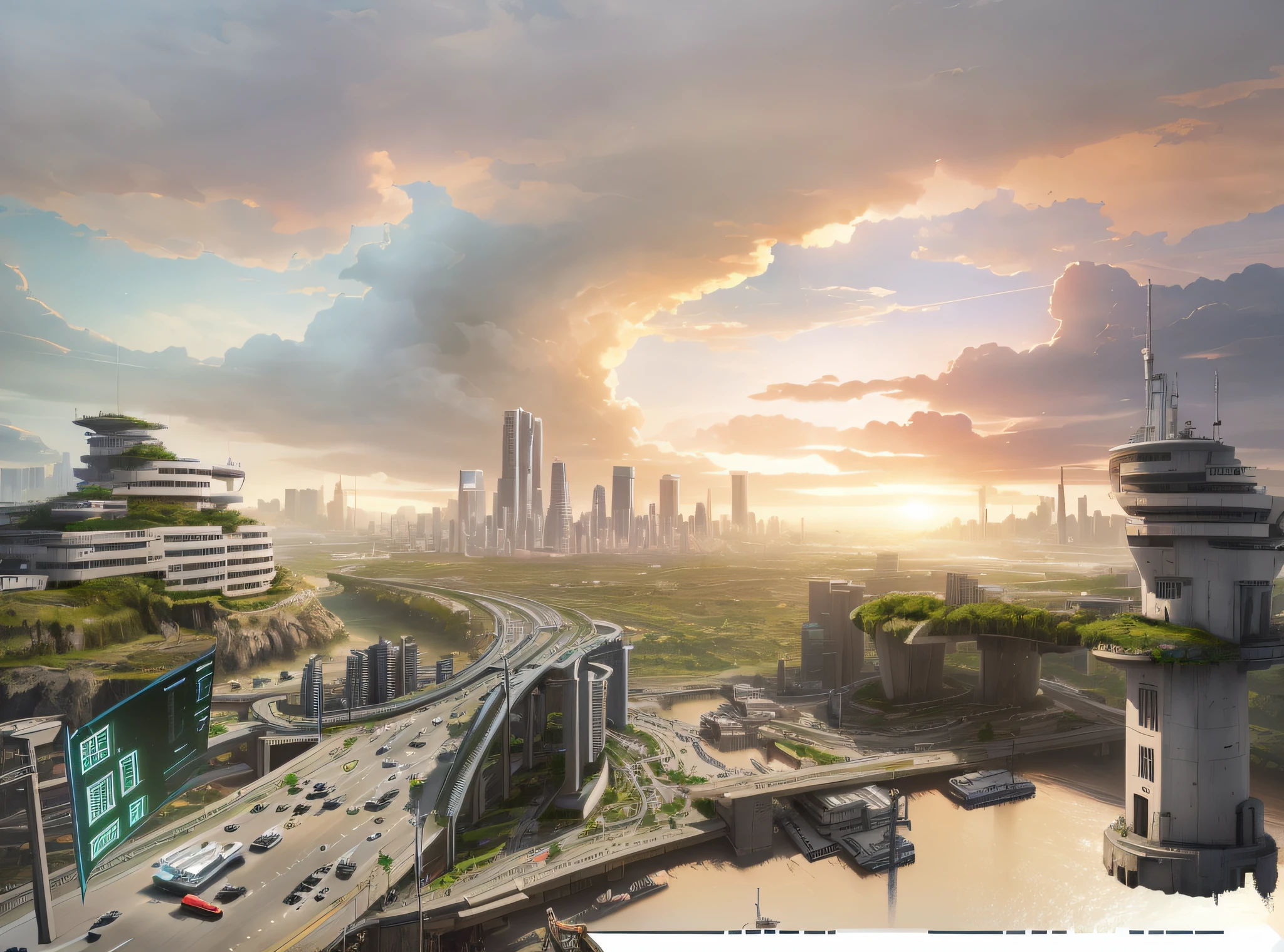 Cidade futuristica,In the background is a bridge and a tower, Dystopian digital concept art, highly accurate,Movie lighting,Virtual Engine,8k,
