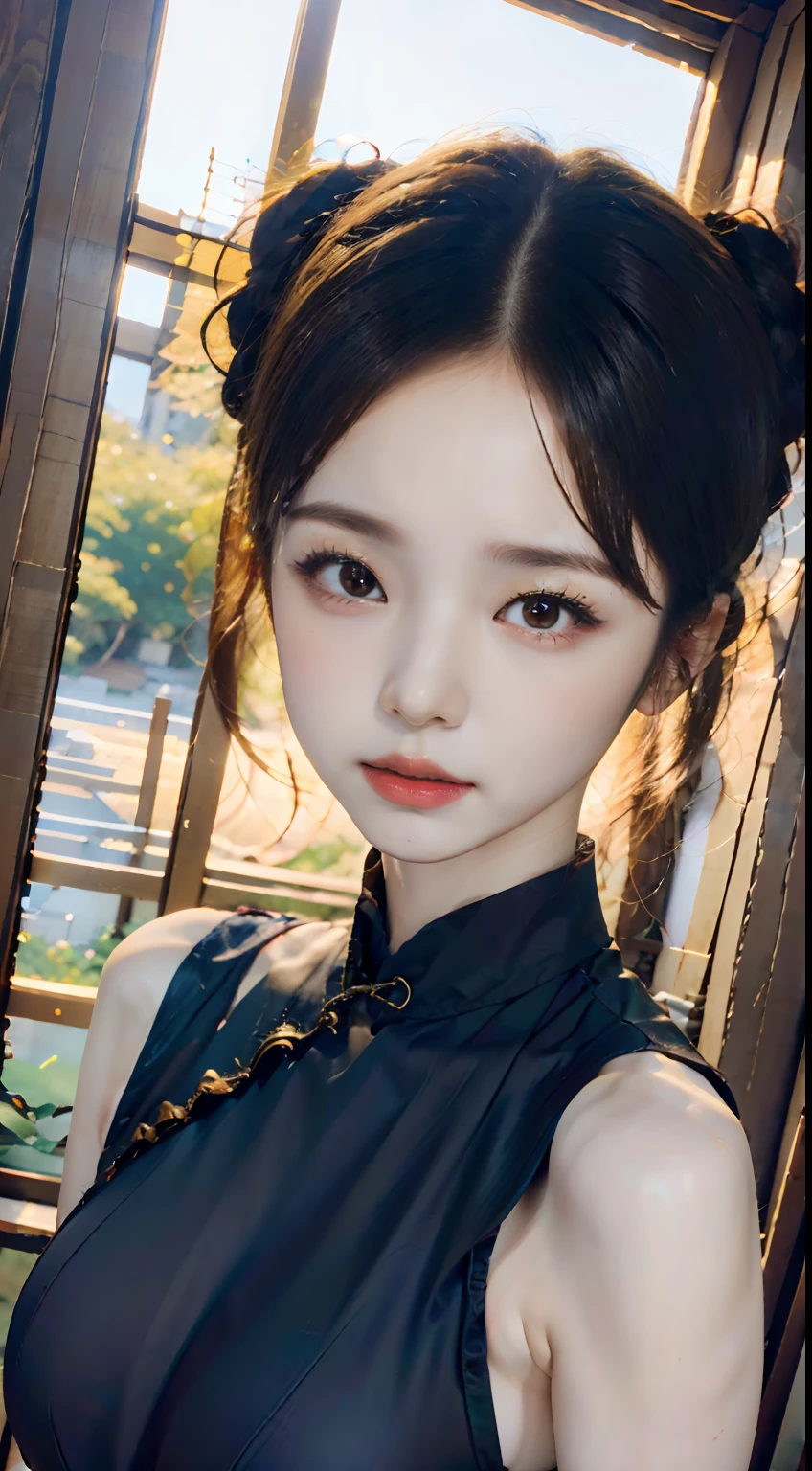 (8K, Raw photo, Best Quality, masutepiece:1.2), (Realistic, Photorealsitic:1.37),1girl in, Professional Lighting, Photon mapping, Radio City, Raw photo、(Photorealsitic:1.4)、Octane number renderin、Complex 3D rendering ultra detail, Studio Soft Light, Rim Lights, vibrant detail, super detailing, realistic skin textures, Detail Face, Beautiful detail eyes, Very detailed CG Unity 16k wallpaper, make - up, (detailedbackground:1.2),Best Quality, 超A high resolution, masutepiece, 1girl in, 20yr old, Black hair,(Cheongsam), cute face, Bun,a temple background、乃木坂アイドル、韓国アイドル、Japan idle