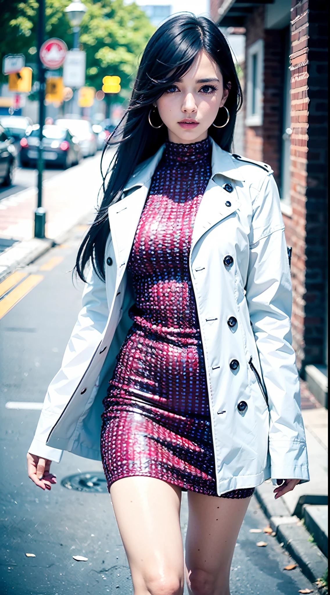 (Best quality,4K,8K,A high resolution,Masterpiece:1.2),Ultra-detailed,(Realistic,Photorealistic,photo-realistic:1.37),Long-range shooting,Blue-haired woman,Hair falls on the left shoulder,Wears a white trench coat lined in red, blackminiskirt,Patterned stockings,High heels,Walking on the street,Portrait,conceptual art,Blurred background,Soft lighting,Vivid tones