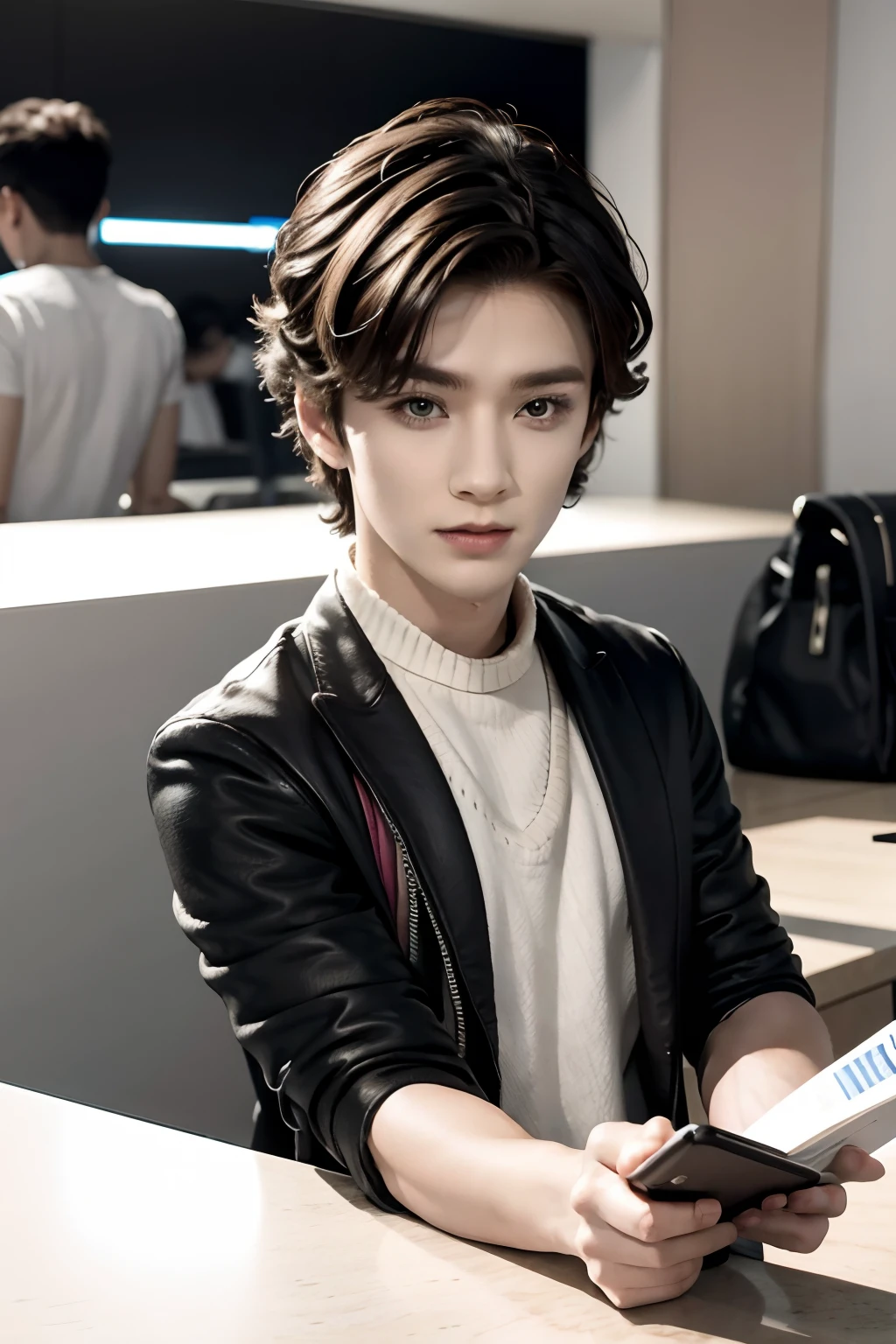 Choose Your Destiny, Ticket counter, 19-year-old boy with a mesmerizing aura, selling tickets, attentively handing one to a customer admiring her imag