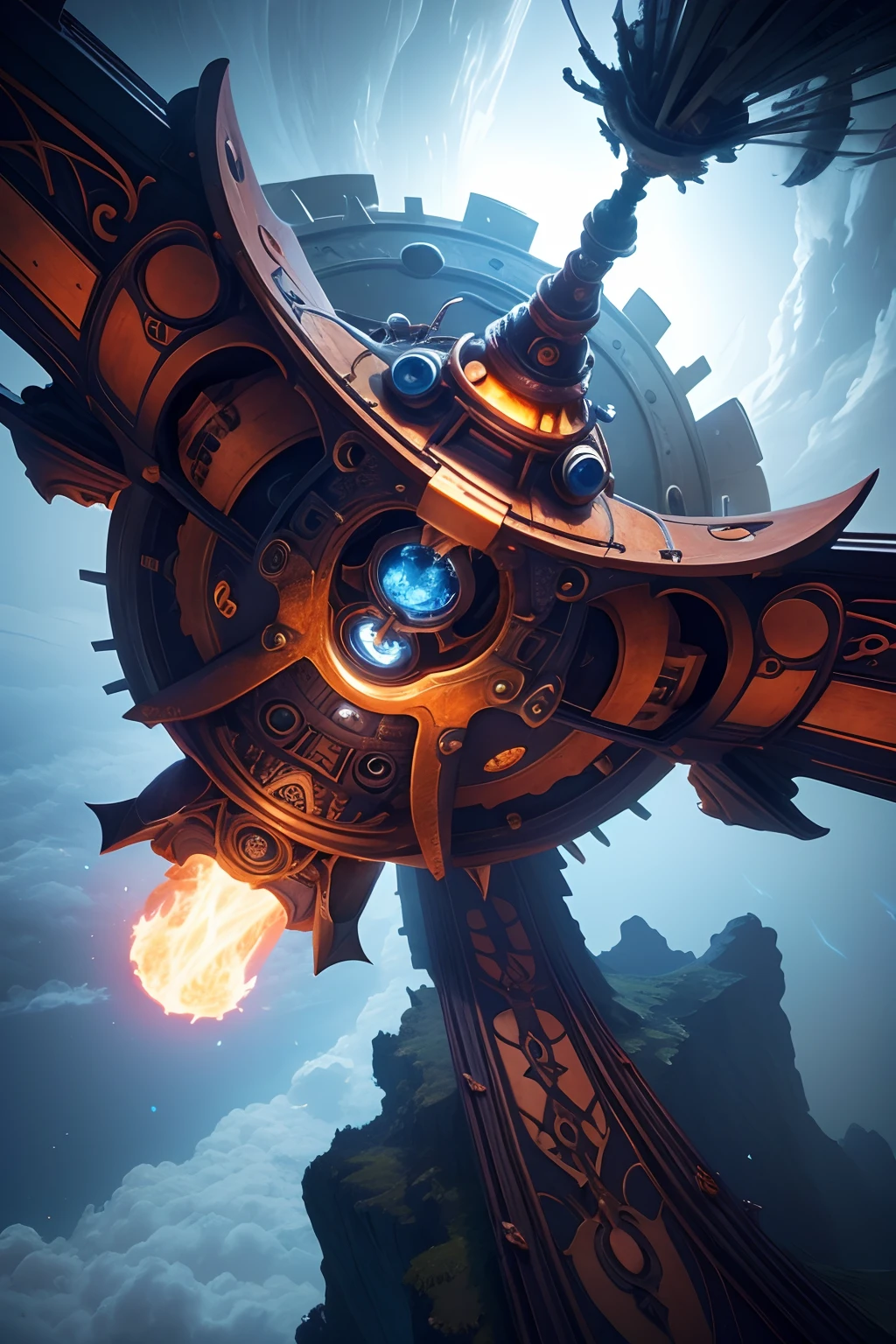 A very dynamic scene. 1200 years. fantasy world. Giant vintage rusty gear flies through time and space. Very close-up. view from bottom. Flying through the clouds, sparks, Blue Flame. super realistic. Cinematic. Blurred background in motion. Light haze