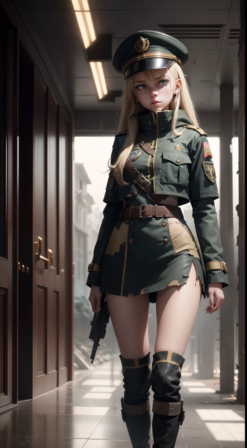 Destroyed towns,3 Ukrainian girls , Ukrainian anime girls , , Ukraine ,  Full body composition of young girl with messy bright blonde hair, eye make up, 13 year old,  Soft lighting, Solo, Old torn dirty shabby futuristic military uniform, badges, Pose, Blotch color, Octane Render, Hyperrealistic intricate detail, Cinematic, 8K resolution, 70mm, Accent Lighting, Global Illumination, Full body portrait, clean detailed faces, intricate clothing, Cute face, flat chest, Slim waist, Slim legs, small hips,Major's uniform,Major's hat,Holding a handgun,Long jacket,Carrying a cloak,actionpose,Fancy Action,