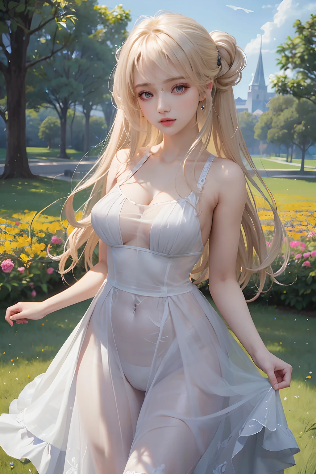 looking from above,((best qualtiy)),((tmasterpiece)),(the detail),1girll,She wore a revealing white dress。The dress exposes the shoulders and navel,Fits the body,It beautifully accentuates its curves。Her skin was as white as ivory,Soft and smooth to the touch。Her branded hair is straight and shiny。Her long hair ran down her back,Make her figure look more beautiful。Her eyes were big and deep indigo。Her lips are painted with cherry-colored lipstick,Plump and raised。Her figure is somewhat mysterious,looking at viewert。She is in a minimalist、Simple and stark white room。Her face was beautifully trimmed,Her eyes and nose are clear。The big black eyes are attractive,It exudes a deep and subtle light。Her hair was long and shiny,Her ethereal beauty further enhances her charm。Her mouth is small,Well-shaped lips sparkle。Her skin is smooth,Tremendously beautiful,Almost silky。Her breasts and buttocks were large,The slender waist has a smooth line,The are beautiful。,(,,,),long drooping,long drooping,Abs,Wear white stockings