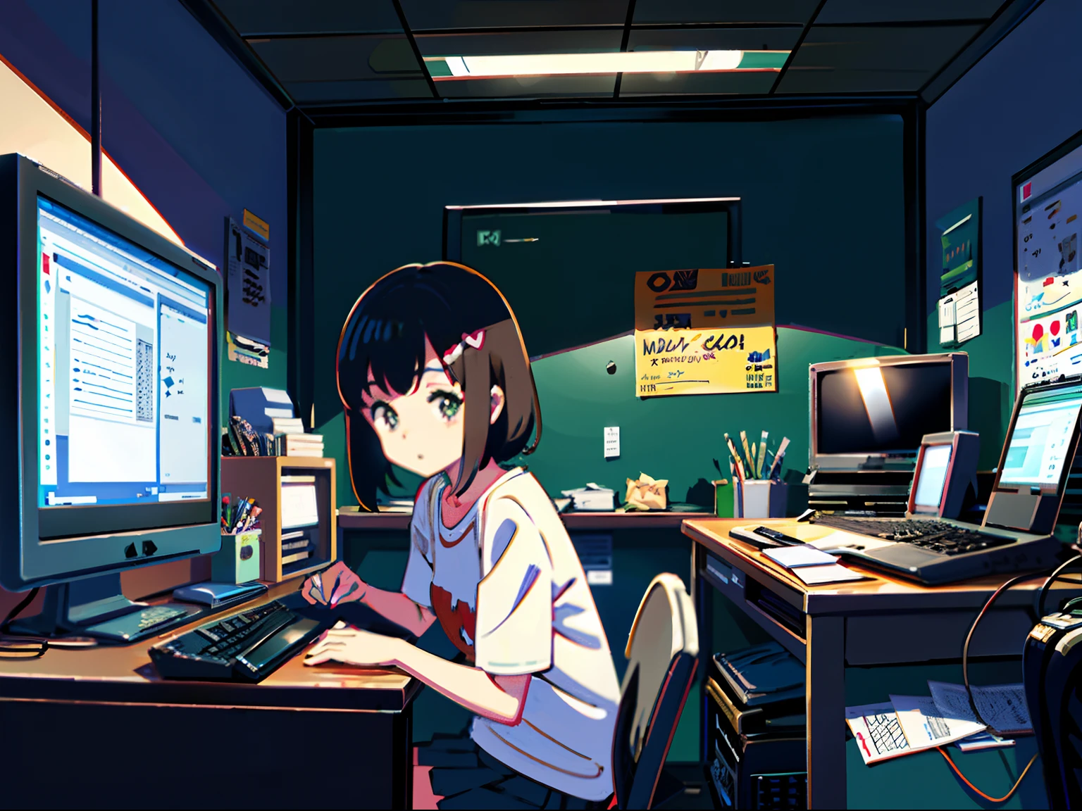 masutepiece, Best Quality, cute girl, bustup, girl working on a computer, PC
