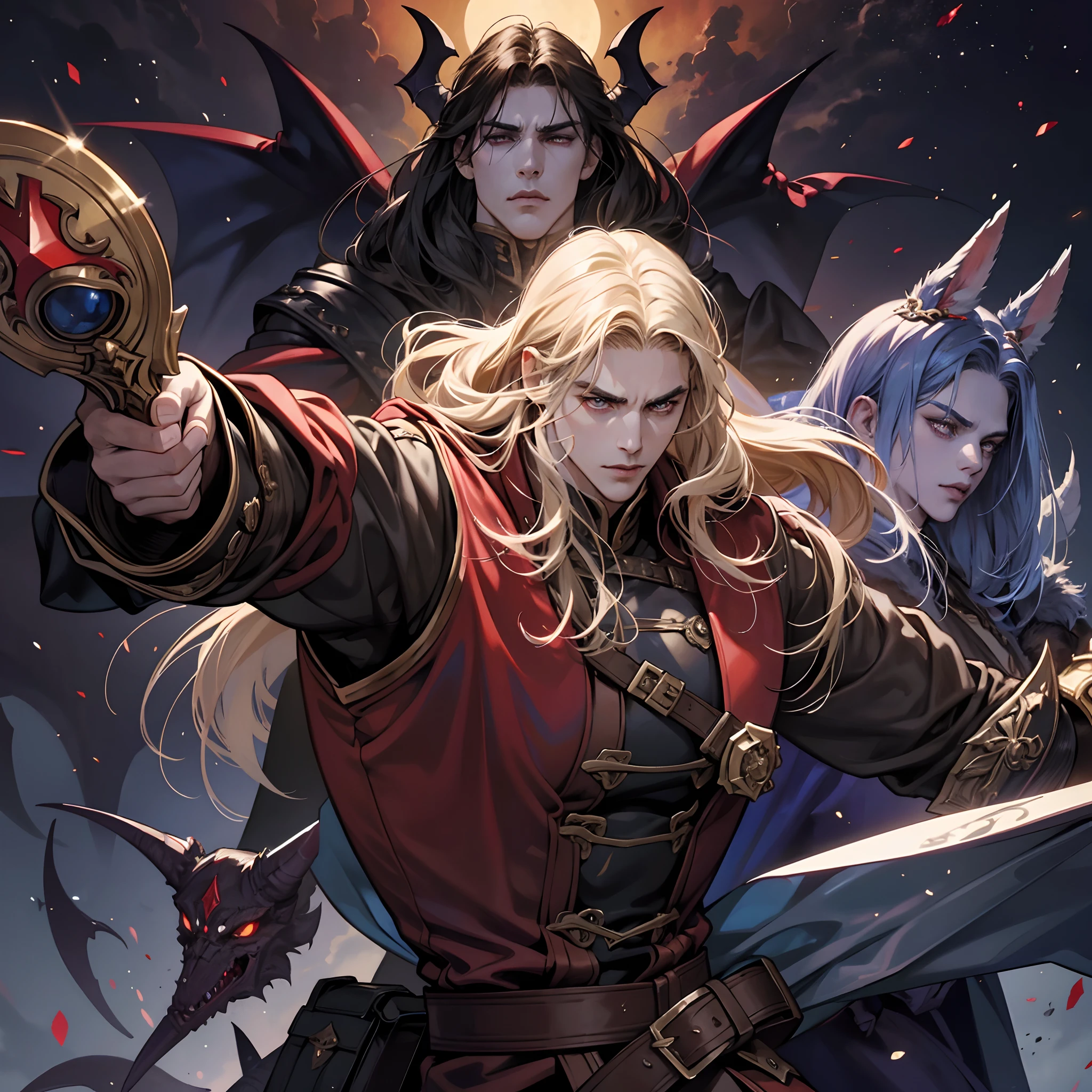 Castlevania Shadow Lord handsome muscular Lord Dracula face super detailed leading armed troops hyper realistic faces super detailed demons to war hyper realistic super detailed dynamic pose super detailed faces hyper realistic super detailed Marvel comics style