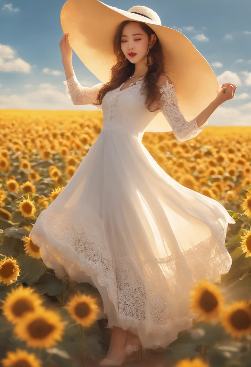 Fuwa Love Car,1girll,Solo, (White lace dress:1.2),floating dress (sunhat:1.2), Sunflower field, Under the sunlight, Light smile,view the viewer, Wind, Dynamic, Strong light and shadow,Dynamic pose,